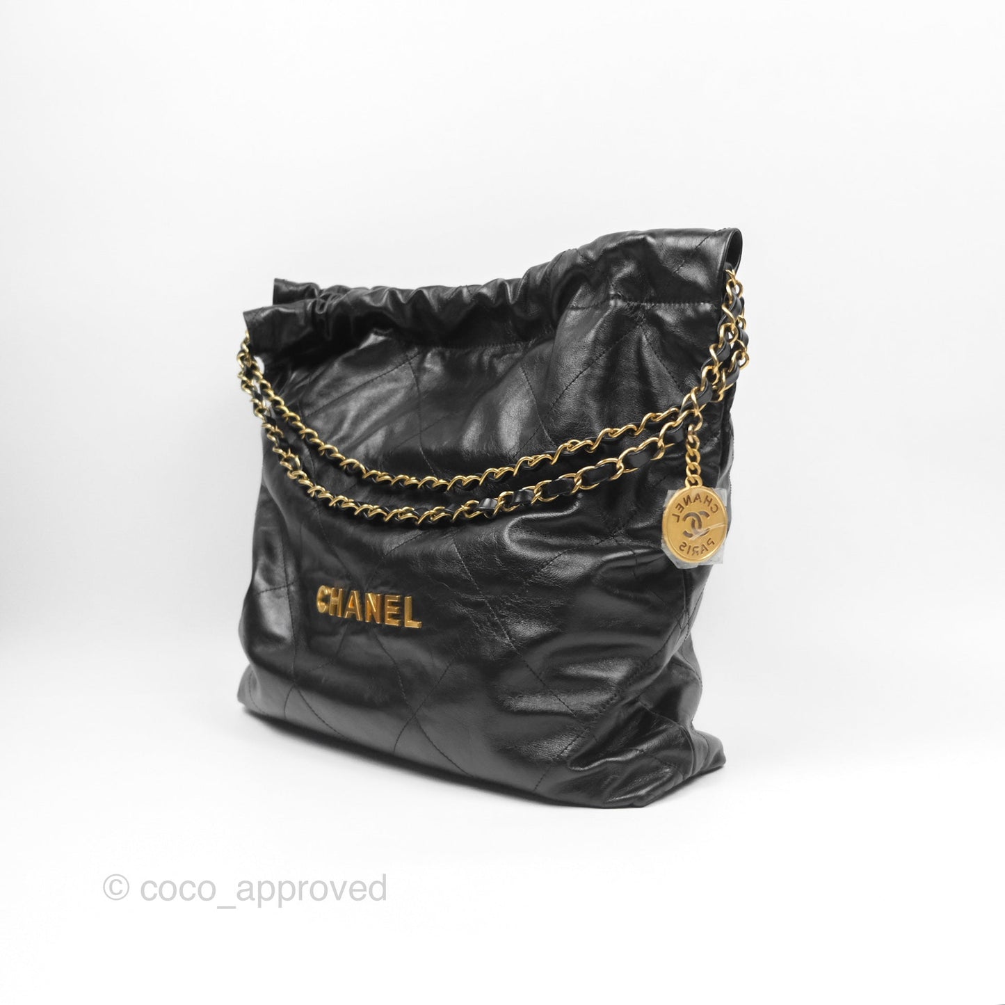Chanel 22 Bag Medium Black Crumpled Calfskin Aged Gold Hardware
