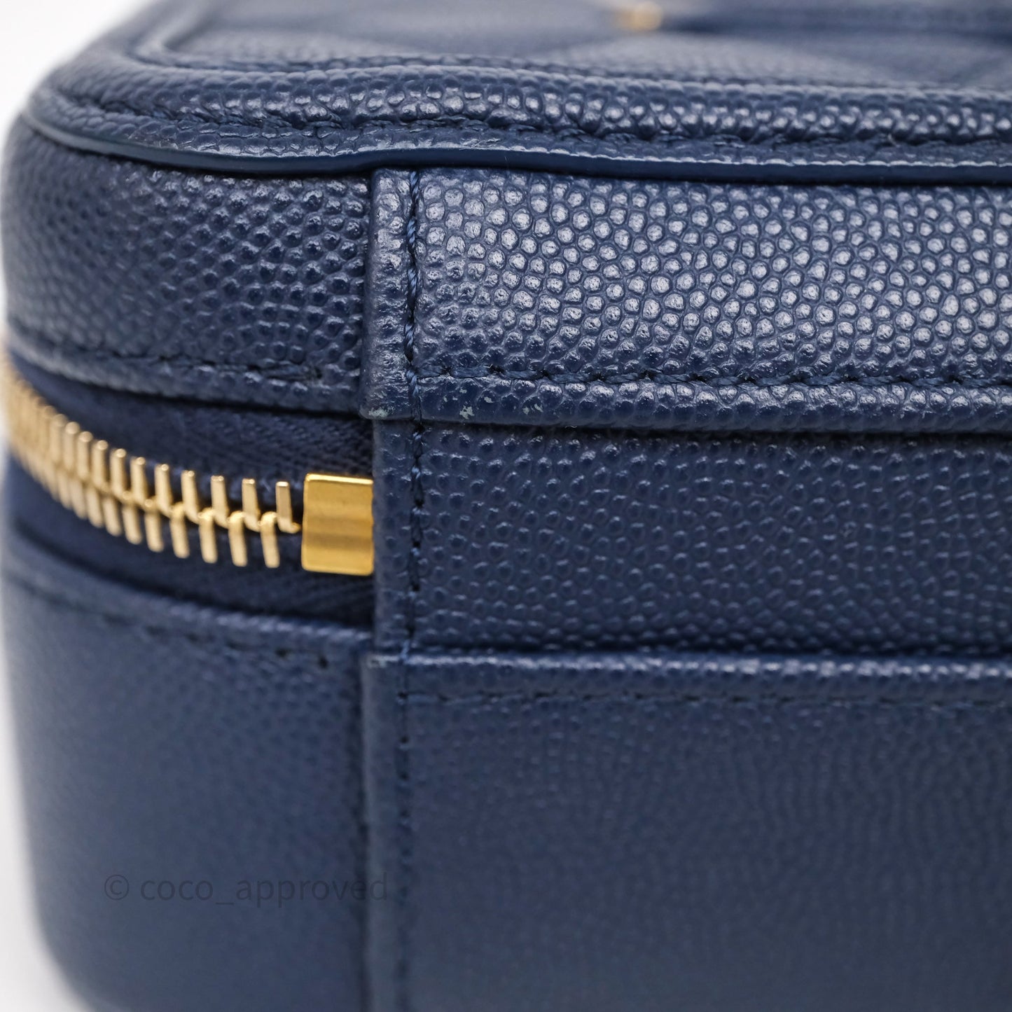 Chanel Quilted Small CC Filigree Vanity Case Navy Caviar Gold Hardware