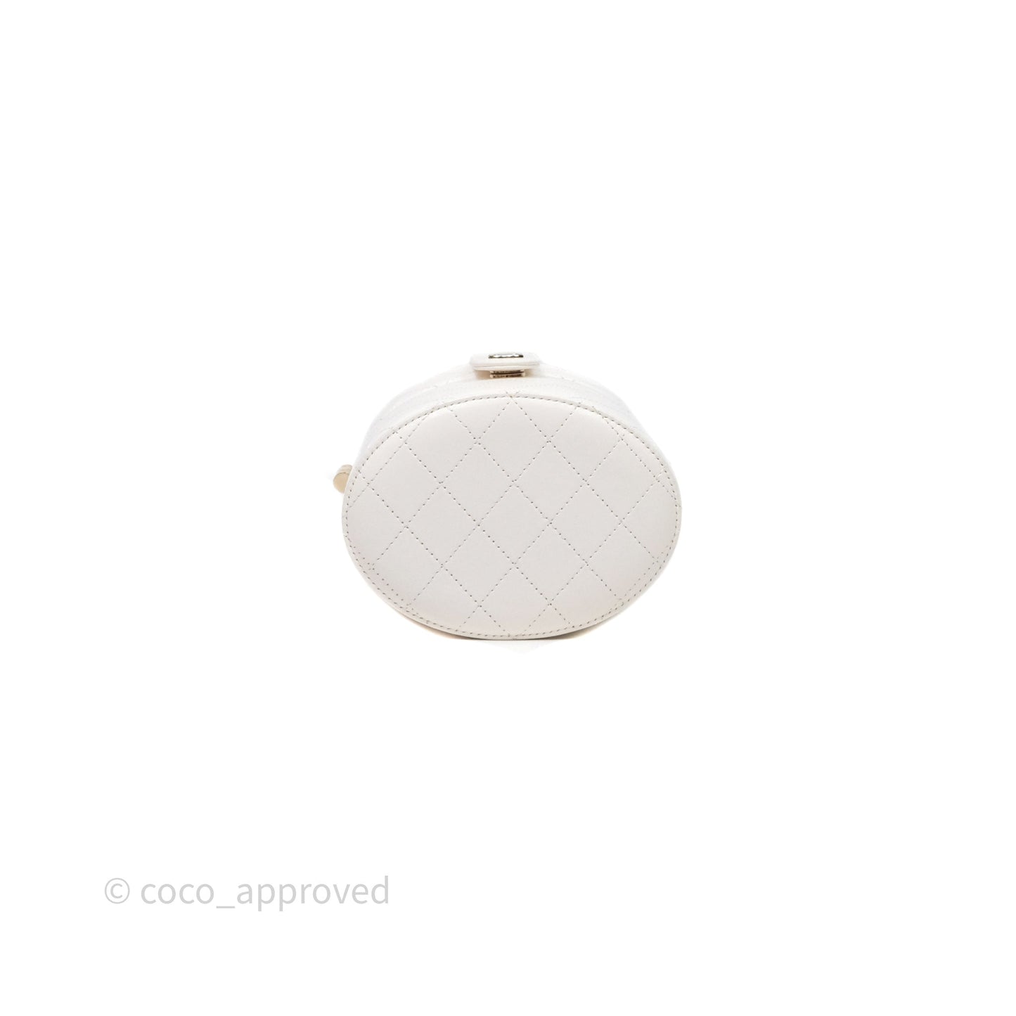 Chanel Quilted Round Vanity Clutch With Chain White Lambskin Gold Hardware