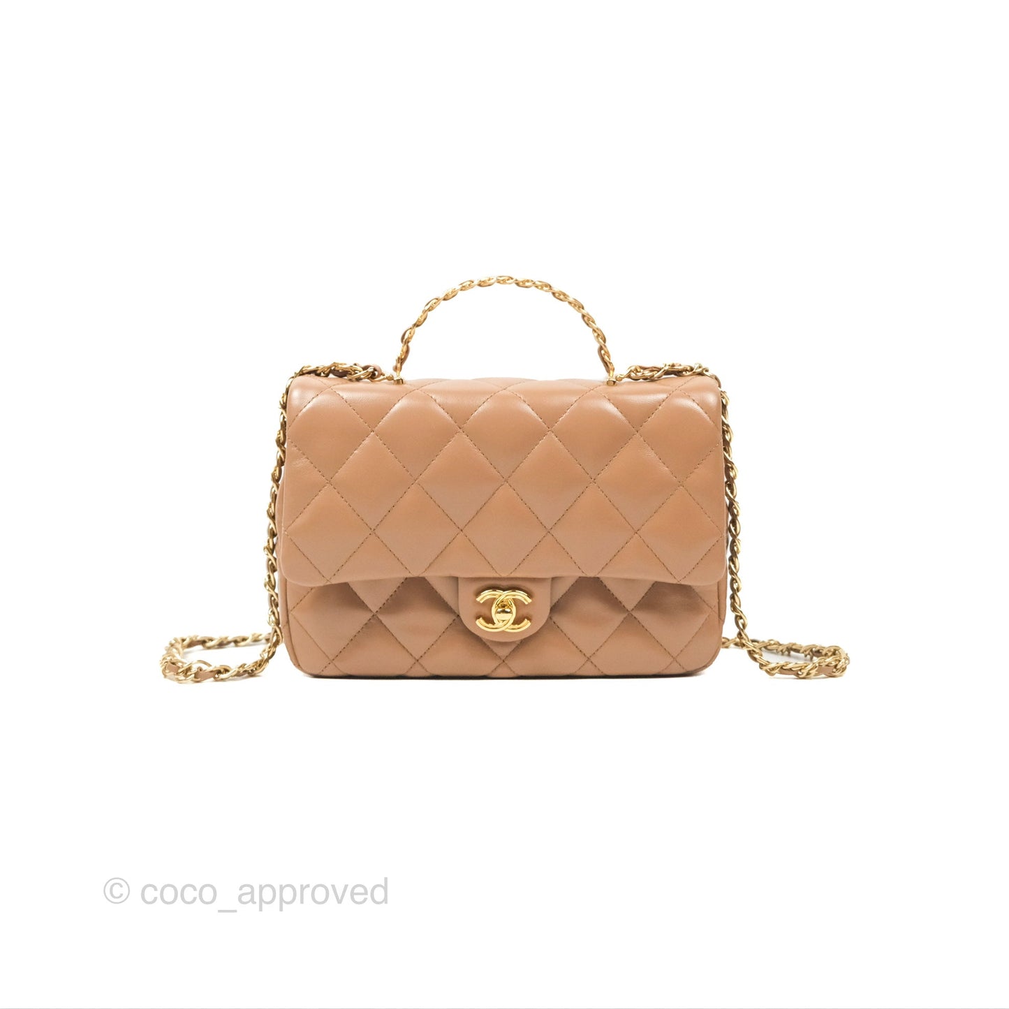Chanel Top Handle Flap Bag Beige Shiny Lambskin Gold Hardware 23A