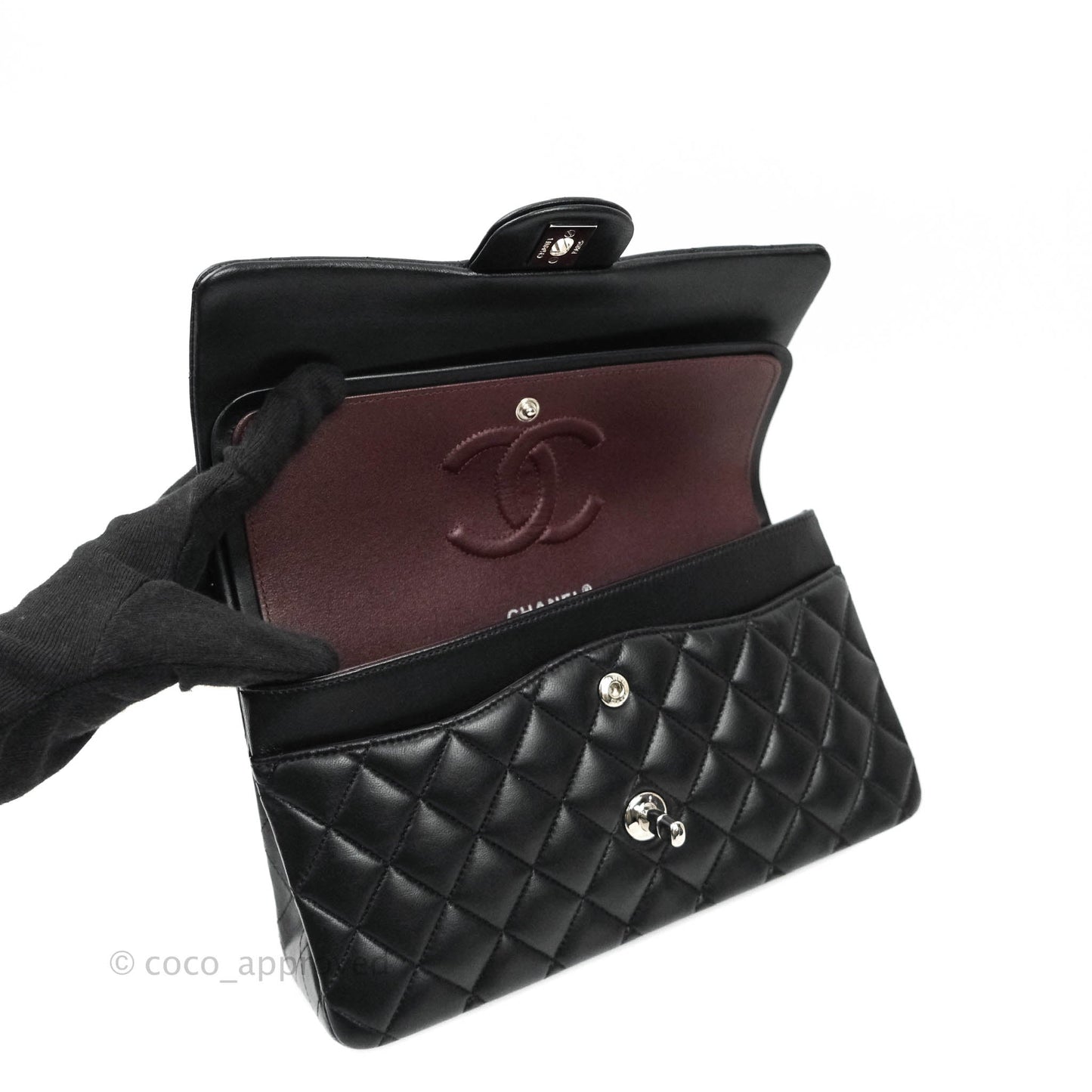 Chanel Classic M/L Medium Double Flap Bag Black Lambskin Silver Hardware