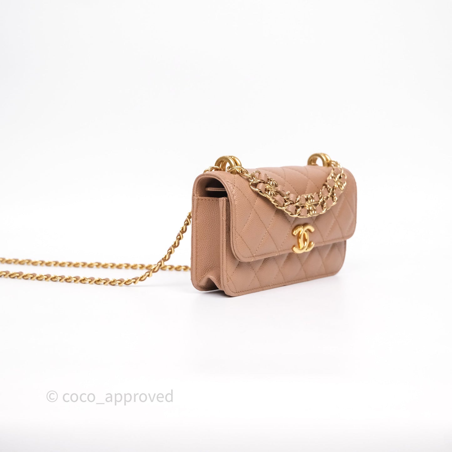 Chanel Coco First Phone Holder Dark Beige Caviar Gold Hardware 22K