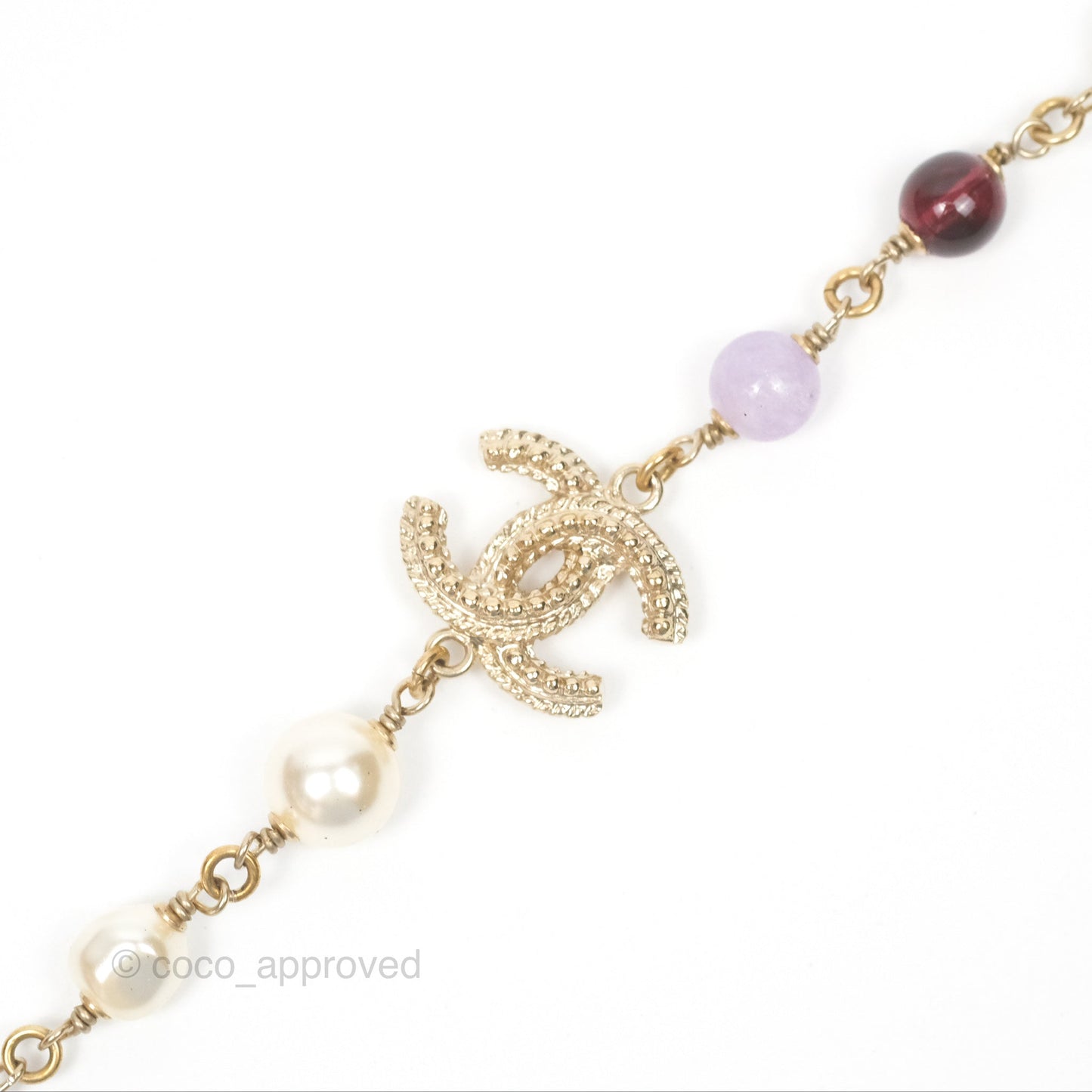 Chanel CC Pearl GemStone Long Necklace Gold Tone 17A