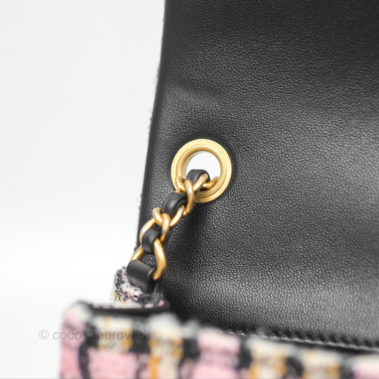 Chanel Pearl Crush Mini Square Quilted Pink Tweed Aged Gold Hardware
