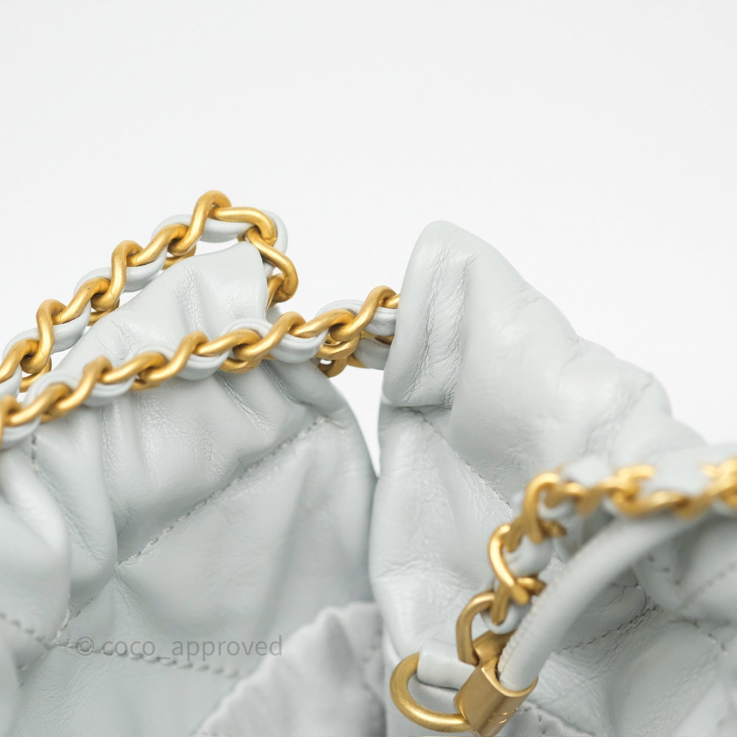 Chanel 22 Mini Bag Light Blue Shiny Crumpled Calfskin Aged Gold Hardware