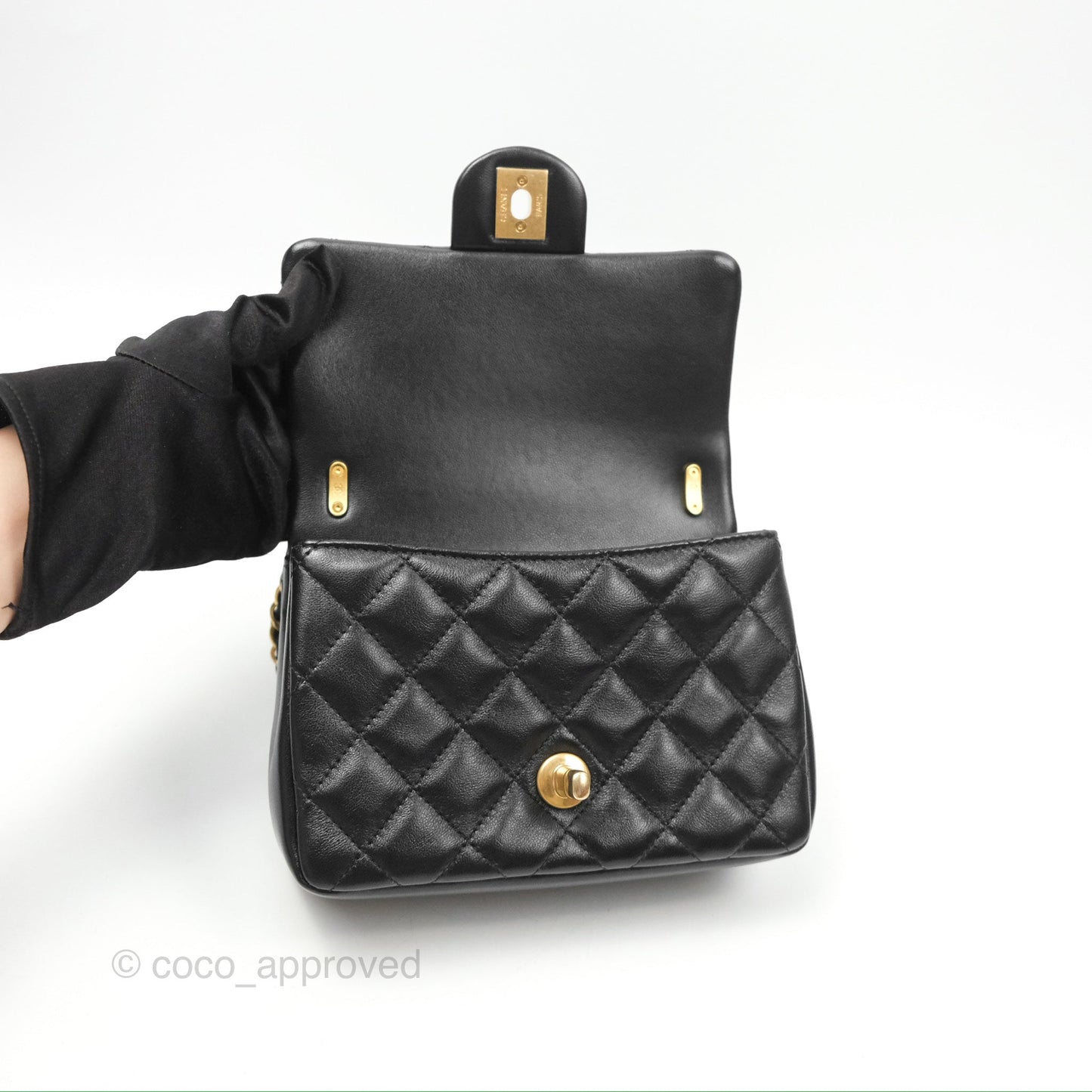 Chanel Mini Flap Bag with Pearl Chain Black Shiny Lambskin Aged Gold Hardware 24P