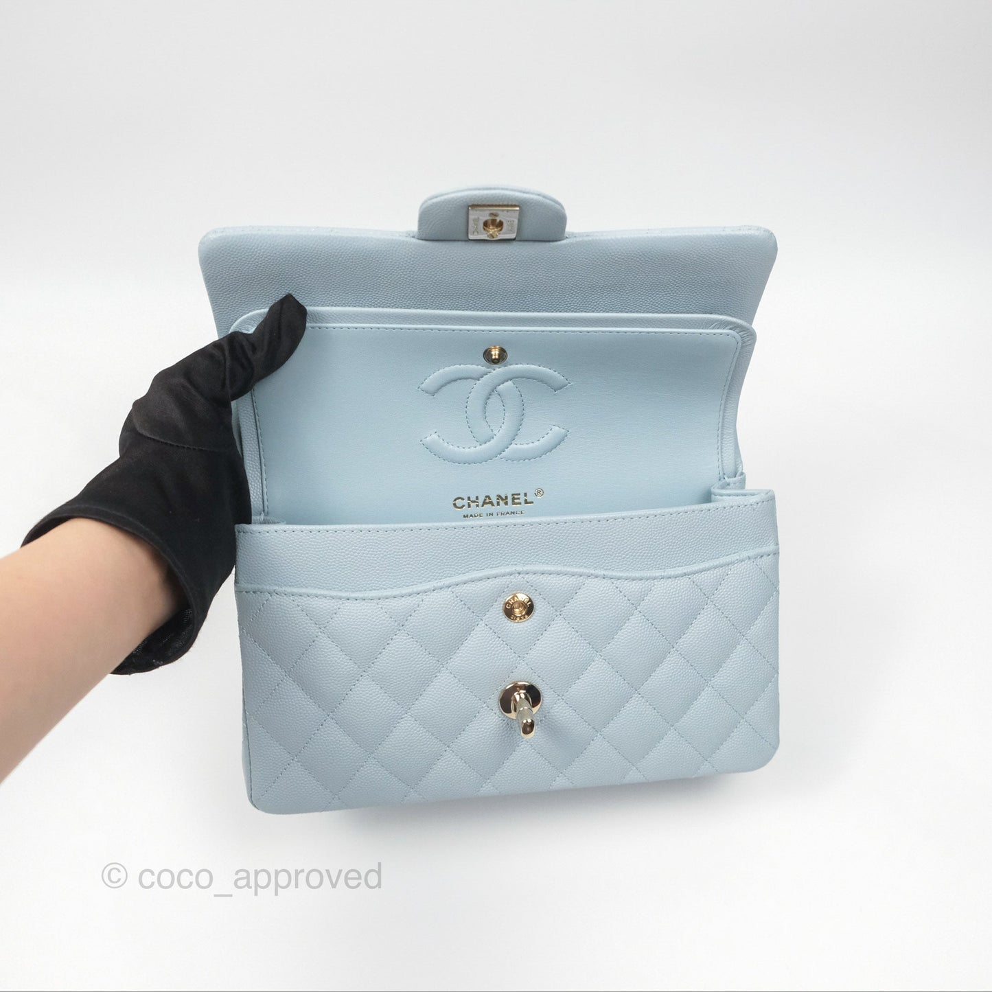 Chanel Small Classic Quilted Flap Light Blue Caviar Gold Hardware