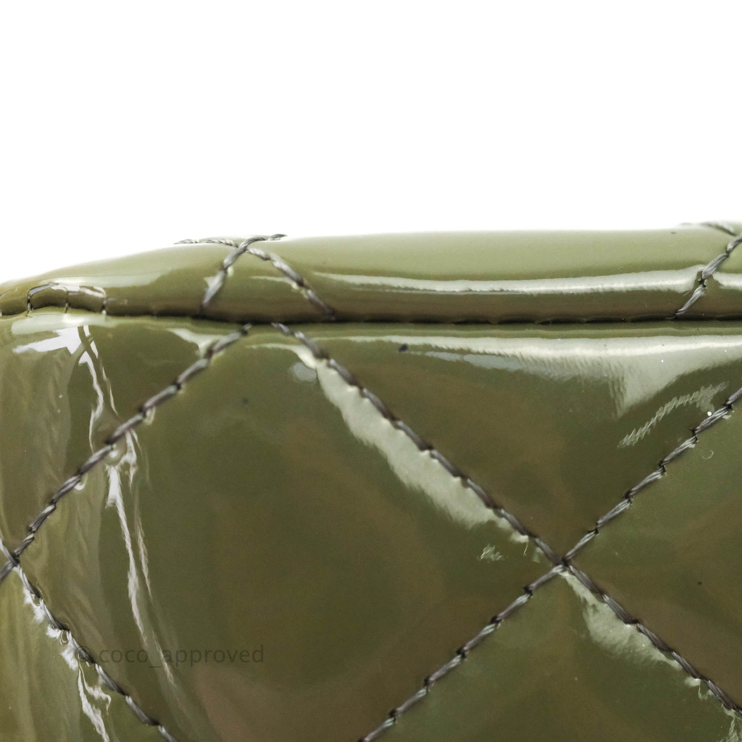 Chanel Classic M/L Medium Double Flap Olive Green Patent Silver Hardware