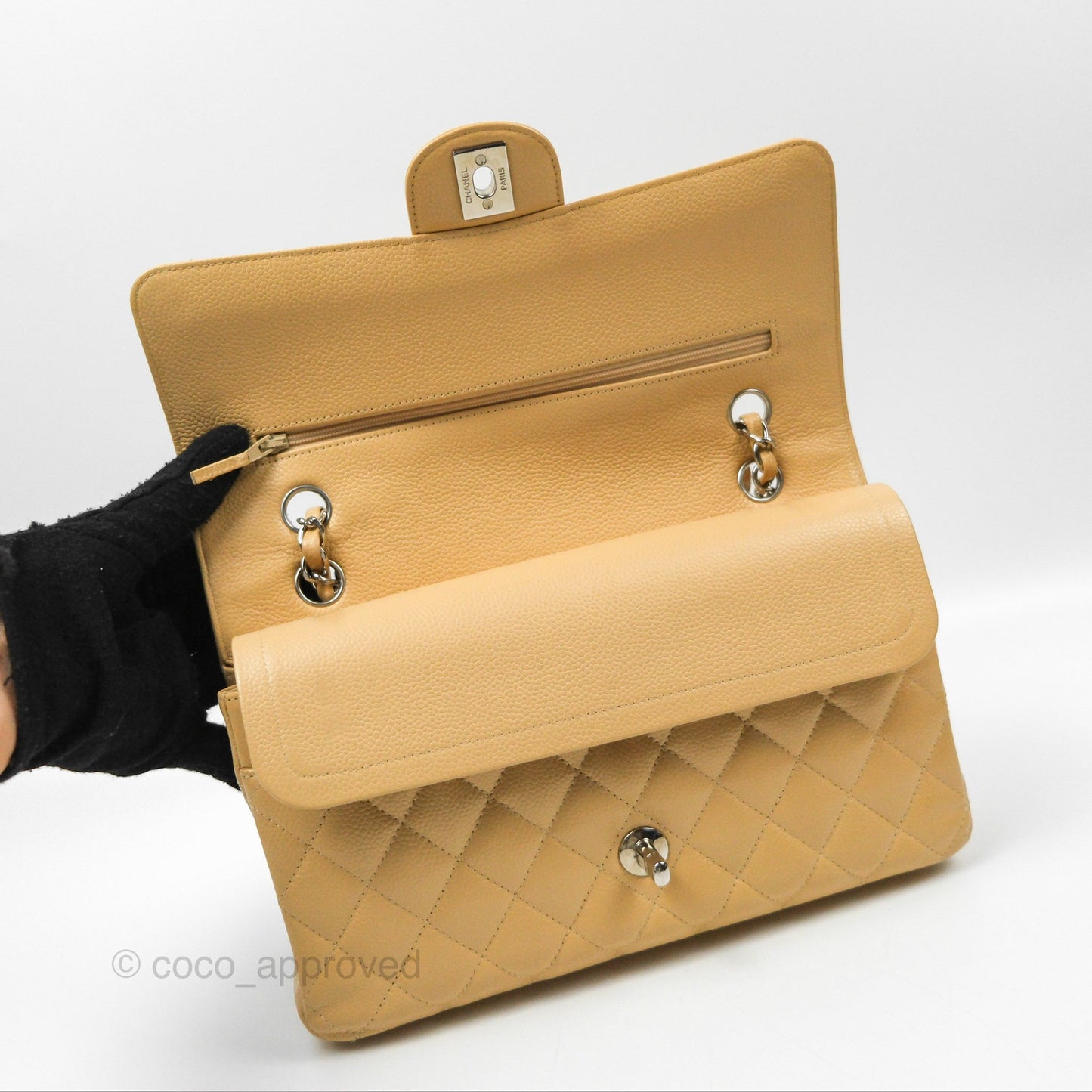 Chanel Classic M/L Medium Flap Quilted Beige Caviar Silver Hardware