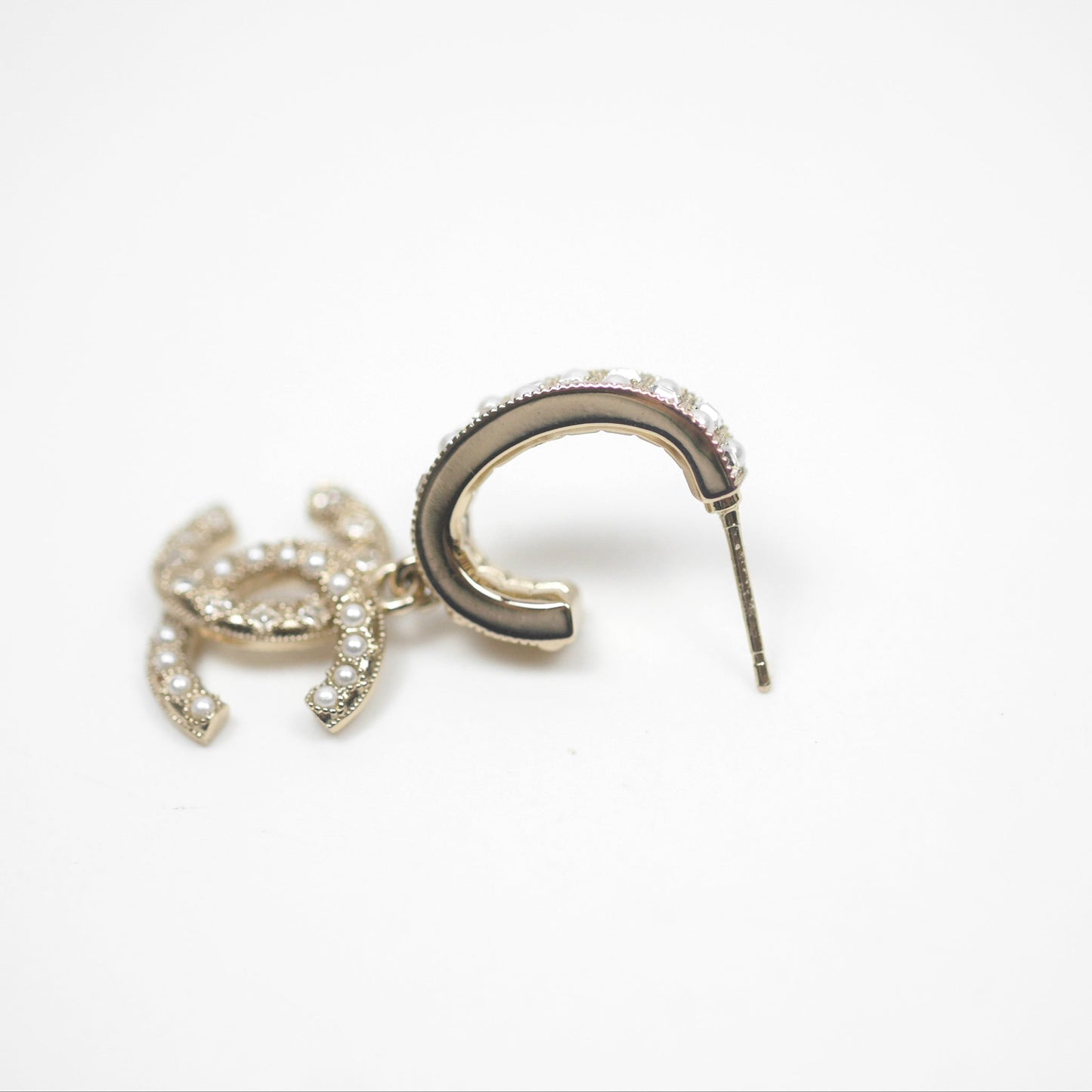 Chanel Crystal Pearl CC Hoop Earrings Gold Tone 21K