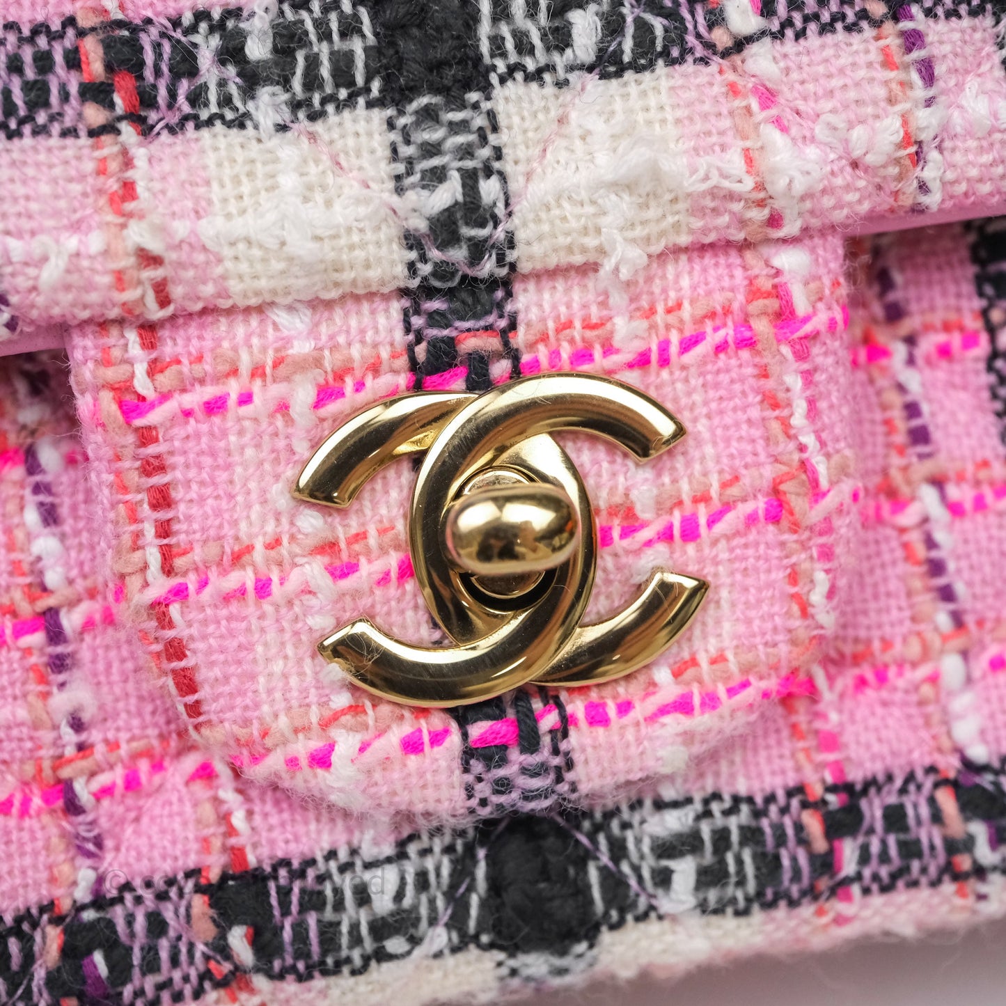 Chanel Quilted Mini Rectangular Flap Pink Tweed Gold Hardware