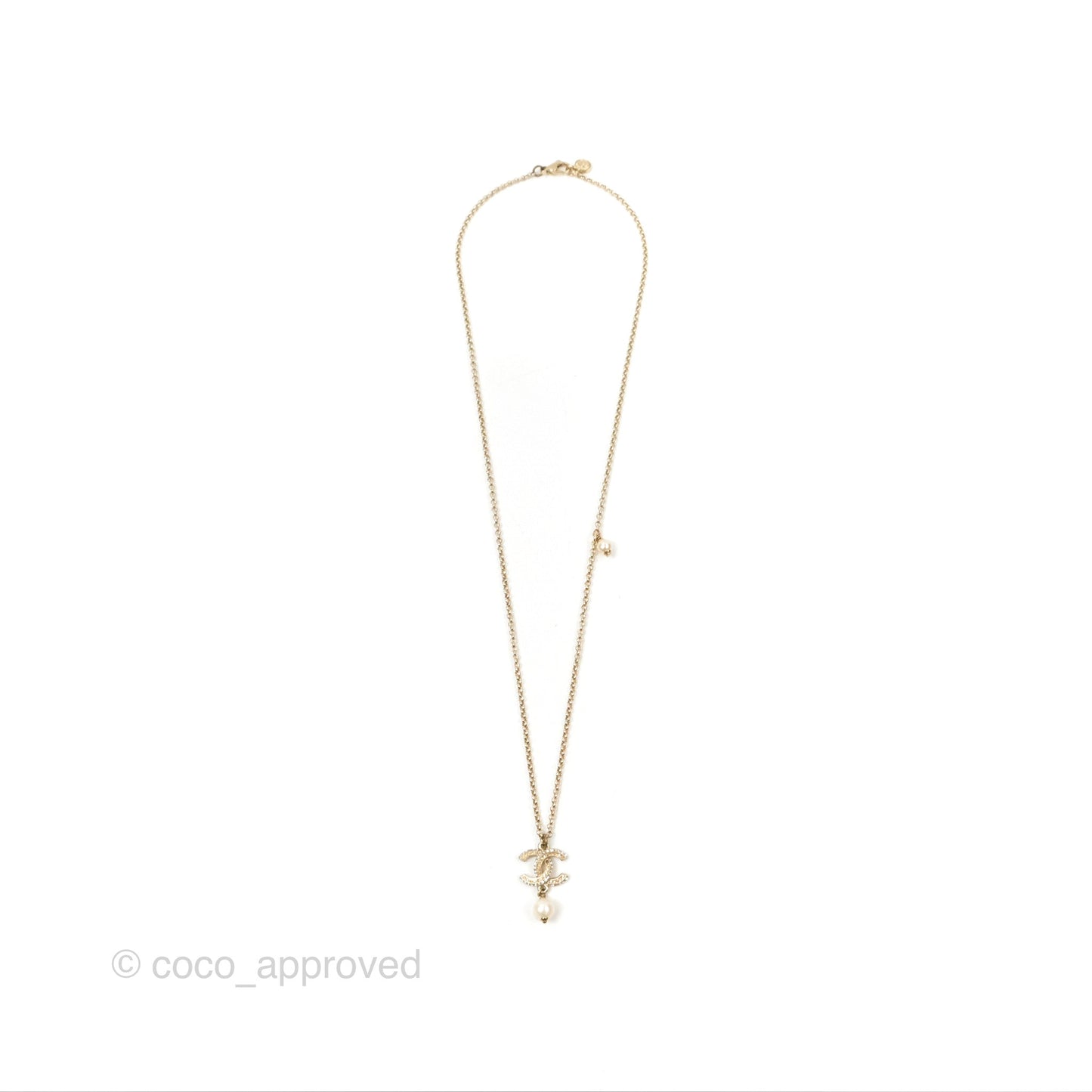 Chanel Crystal CC Pearl Drop Necklace Gold Tone 11P