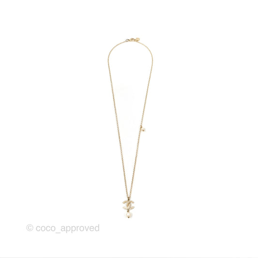 Chanel Crystal CC Pearl Drop Necklace Gold Tone 11P