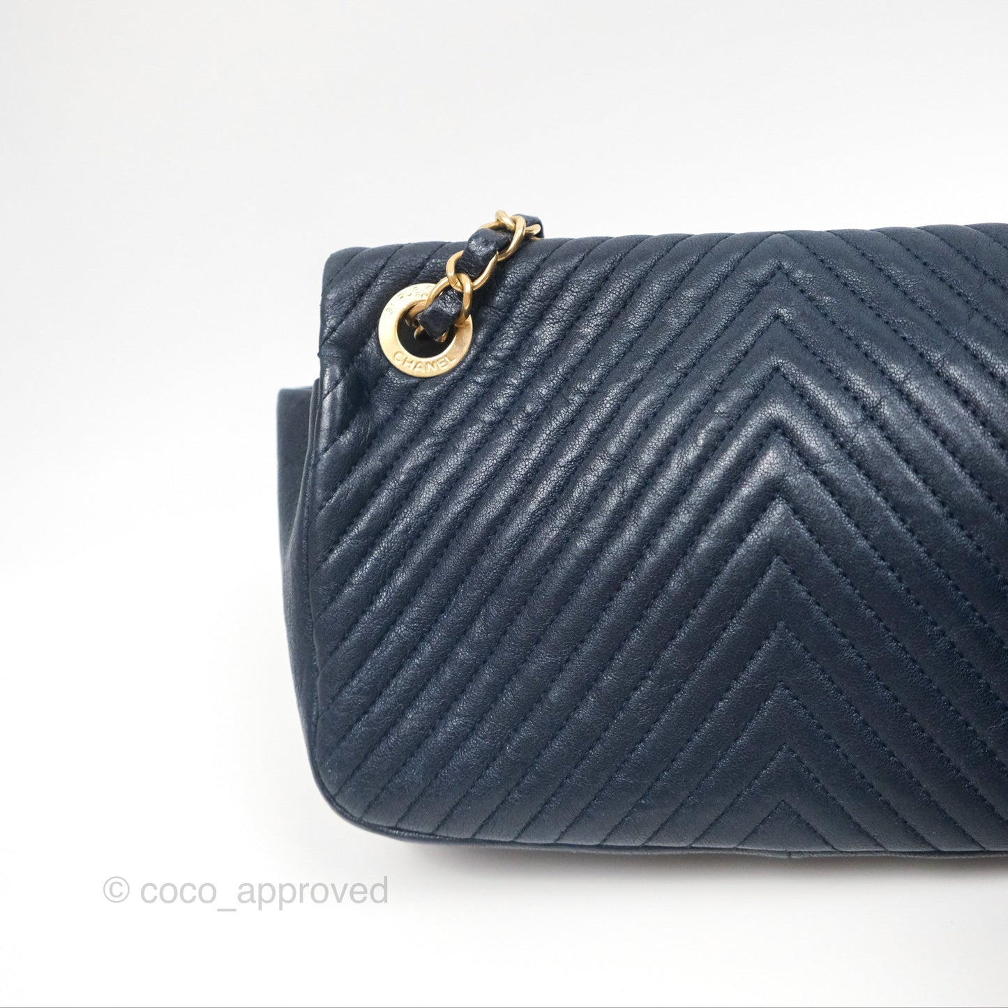 Chanel Small Chevron Surpique Flap Navy Calfskin Aged Gold Hardware