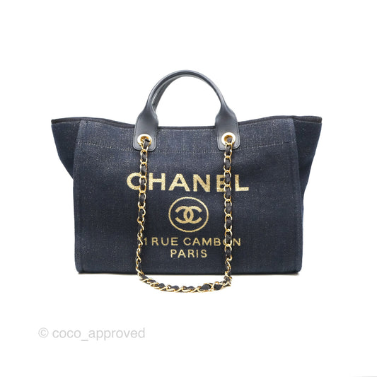 Chanel Large Deauville Navy Glitter Canvas Gold Hardware