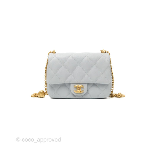 Chanel Mini Flap Bag Heart Adjustable Chain Grey Caviar Aged Gold Hardware