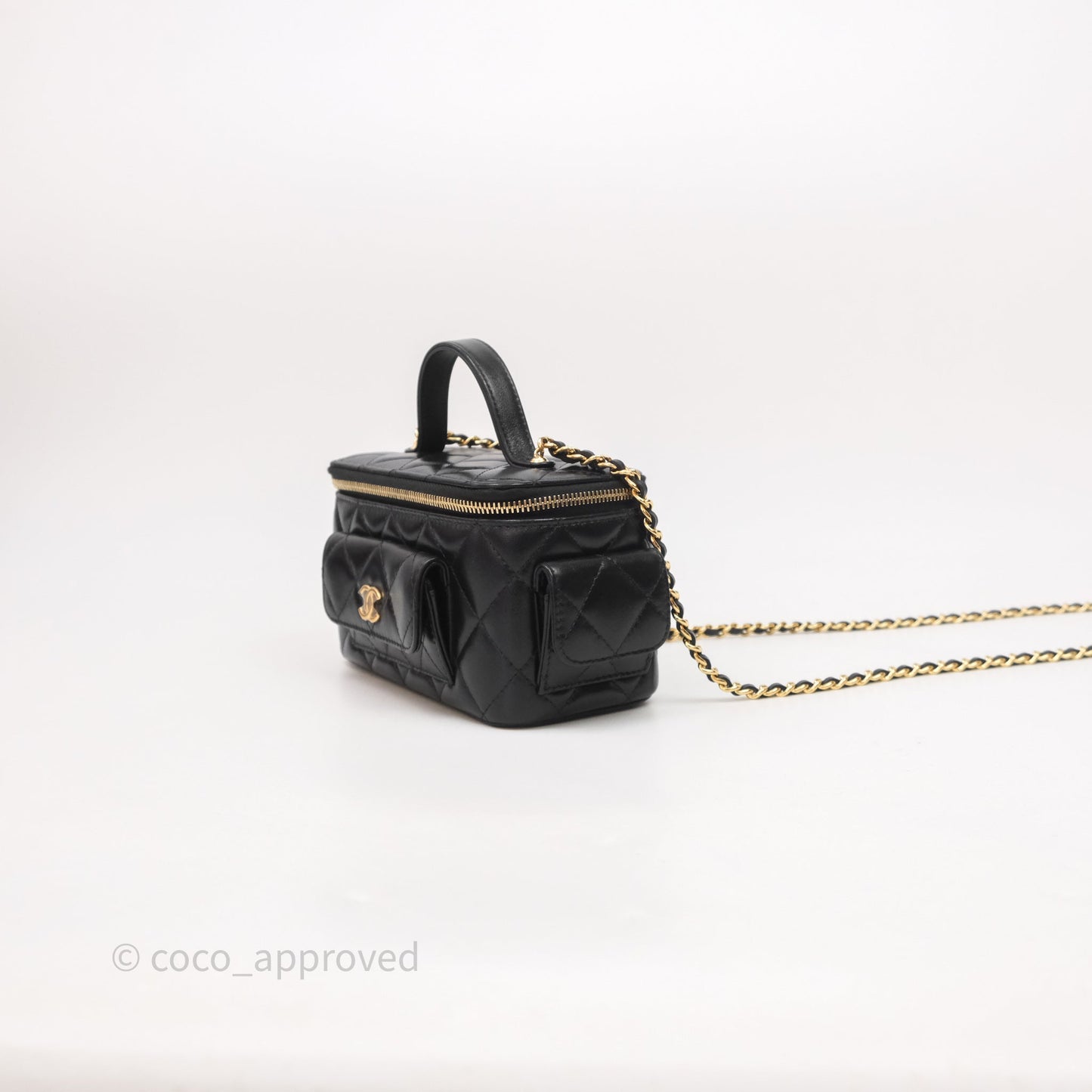 Chanel Quilted Top Handle Pocket Vanity Case Black Shiny Lambskin Bag Gold Hardware