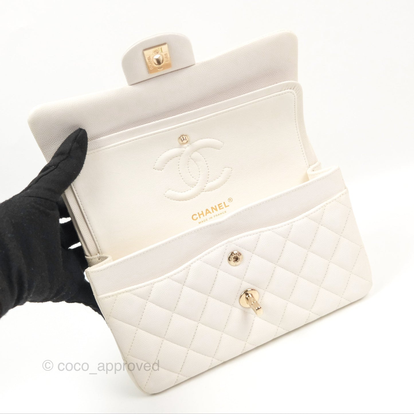 Chanel Small Classic Quilted Flap White Caviar Gold Hardware