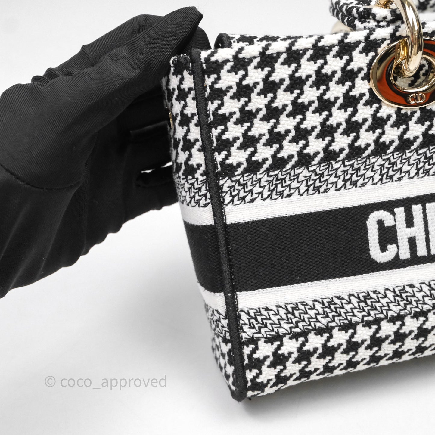Christian Dior Medium Lady D-Joy Bag Black White Houndstooth Gold Hardware
