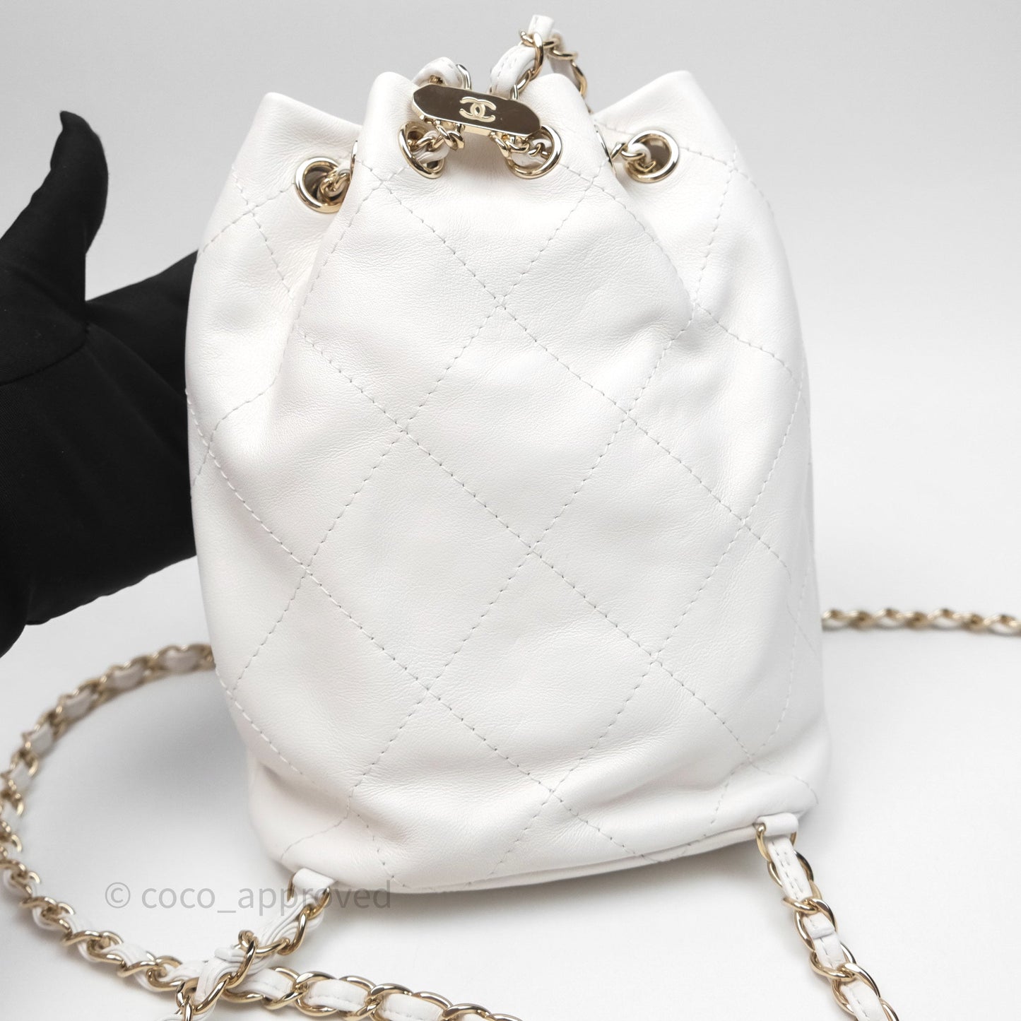Chanel Quilted Drawstring Bucket Backpack White Calfskin Gold Hardware 24C