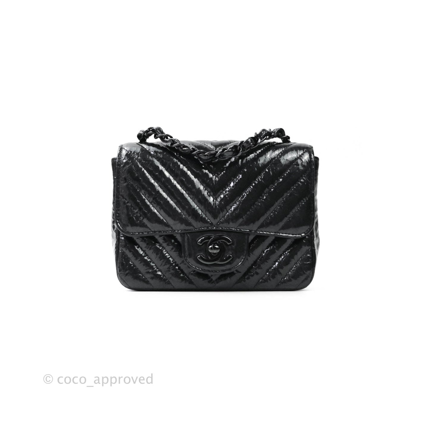 Chanel Mini Square Chevron Black Crumpled Metallic Patent So Black