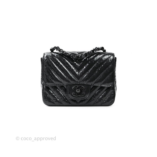 Chanel Mini Square Chevron Black Crumpled Metallic Patent So Black
