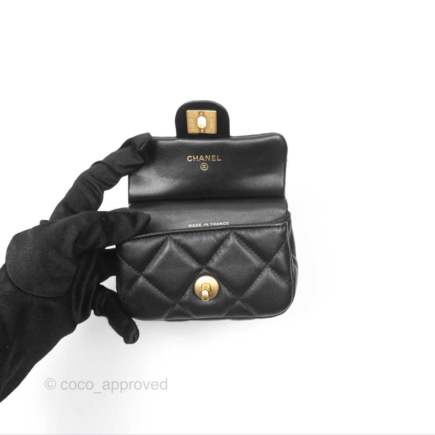 Chanel Lady Handle Flap Card Holder With Chain Black Calfskin Gold Hardware