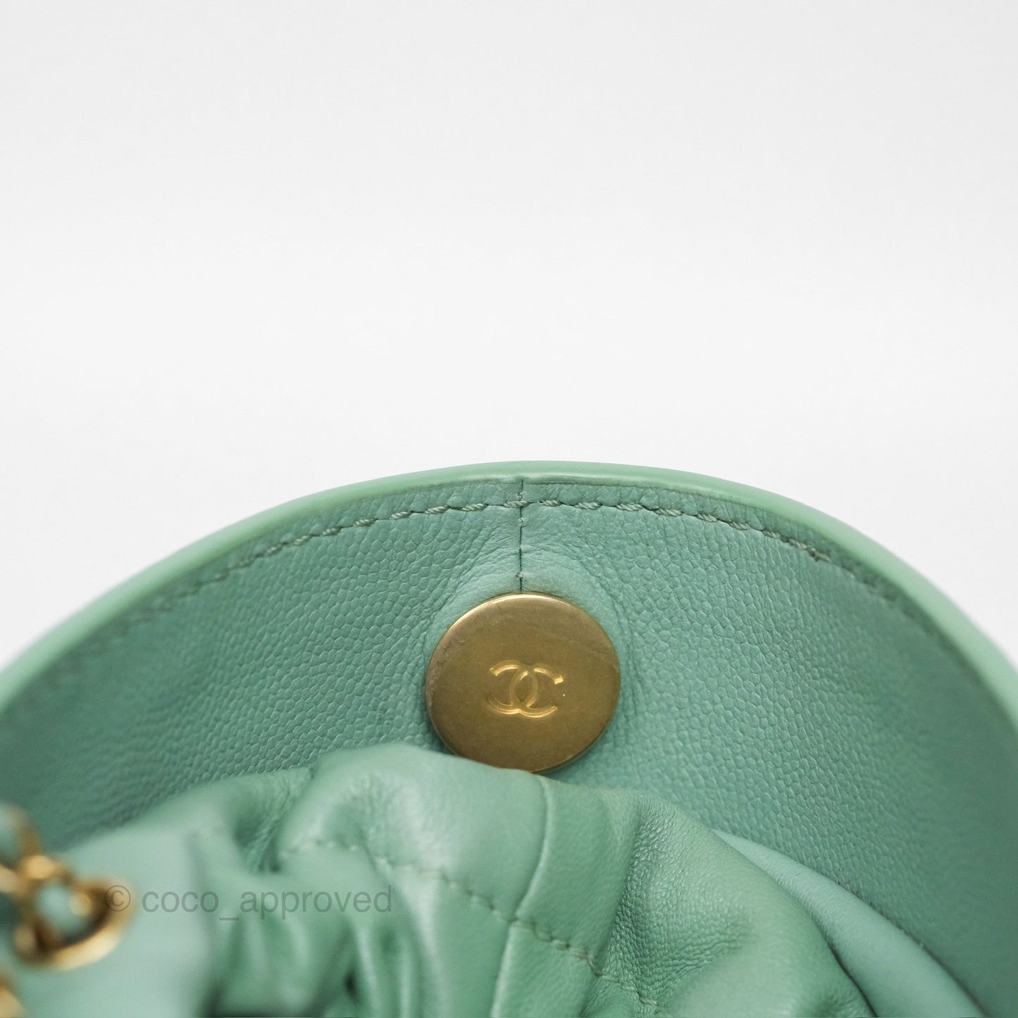Chanel Drawstring Bucket Bag Quilted Green Caviar Aged Gold Hardware