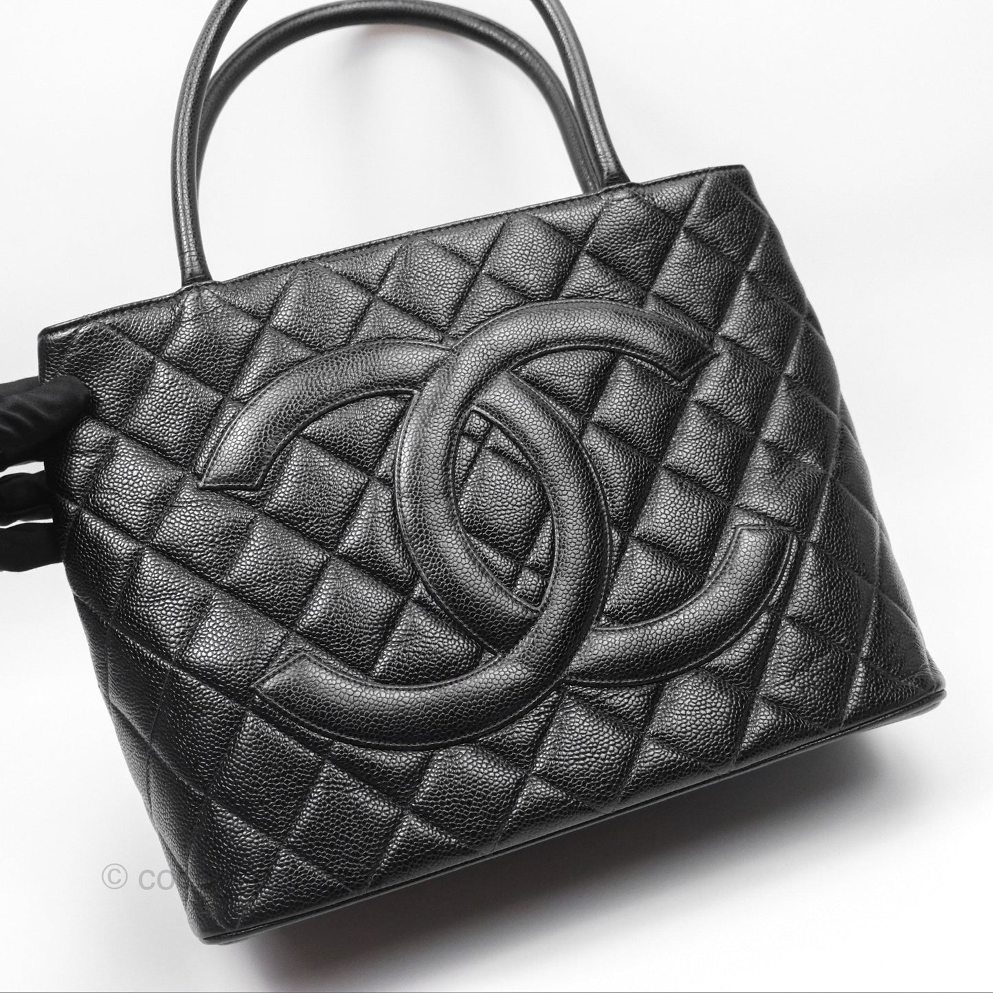 Chanel Vintage Medallion CC Black Caviar Tote Bag Silver Hardware