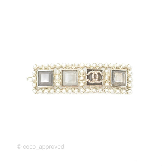 Chanel CC Pearl Grey Resin Hair Clip Gold Tone 21V