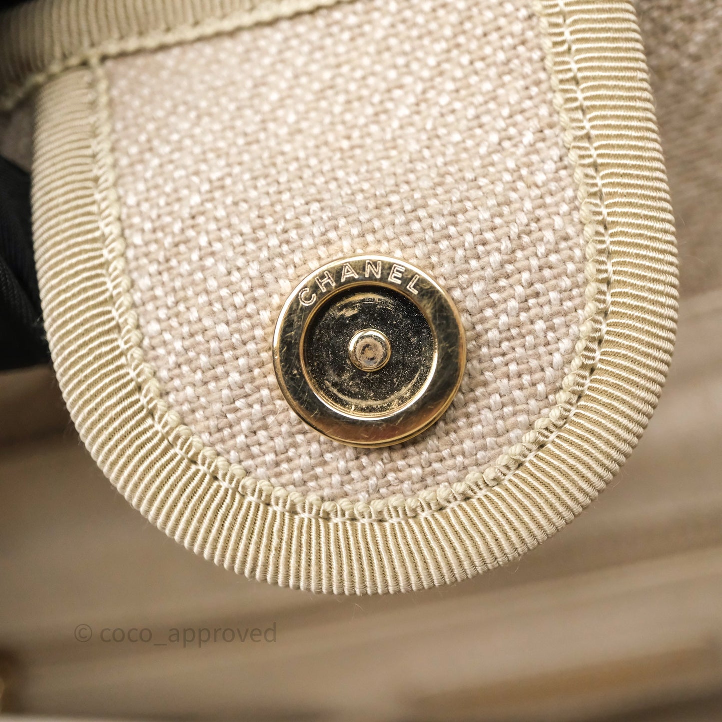Chanel New Small Deauville Tote Beige Canvas Gold Hardware