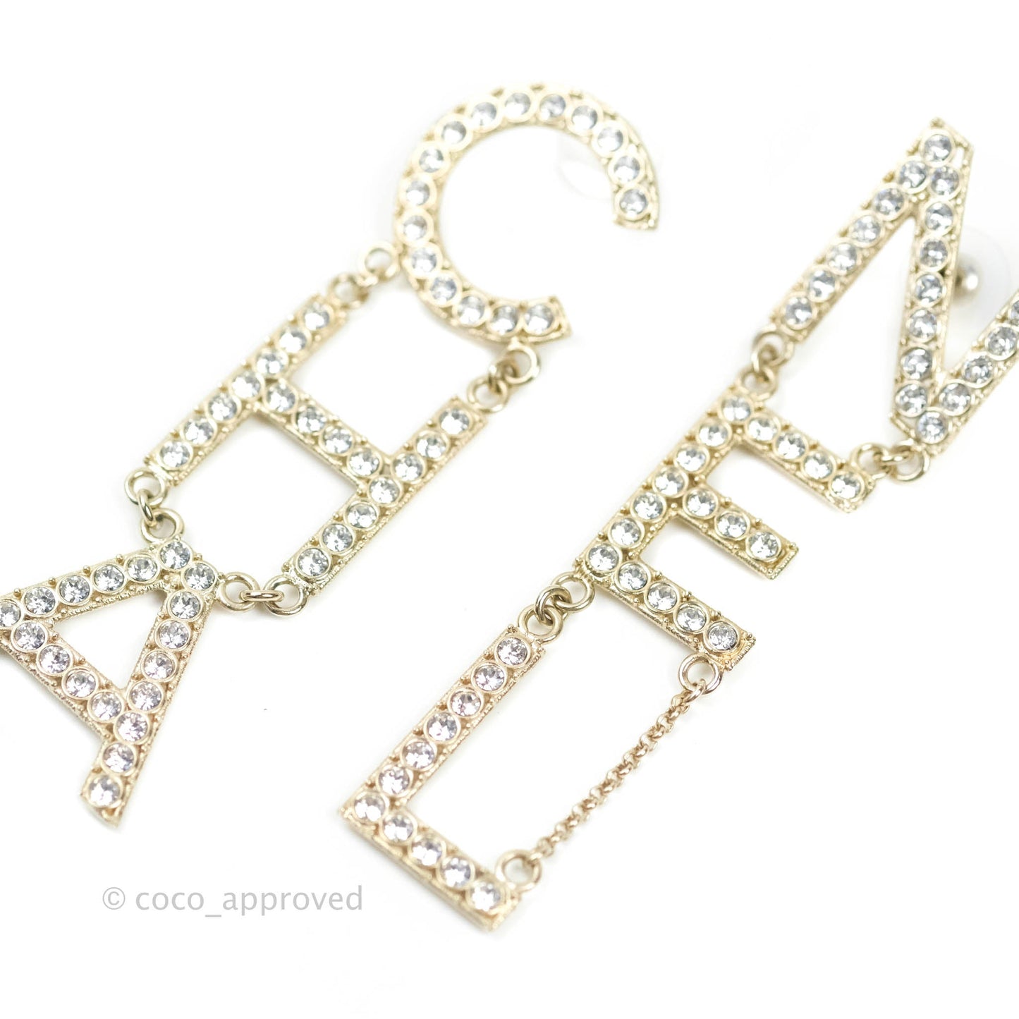 Chanel Crystal Cha-Nel Logo Drop Earrings Gold 19S