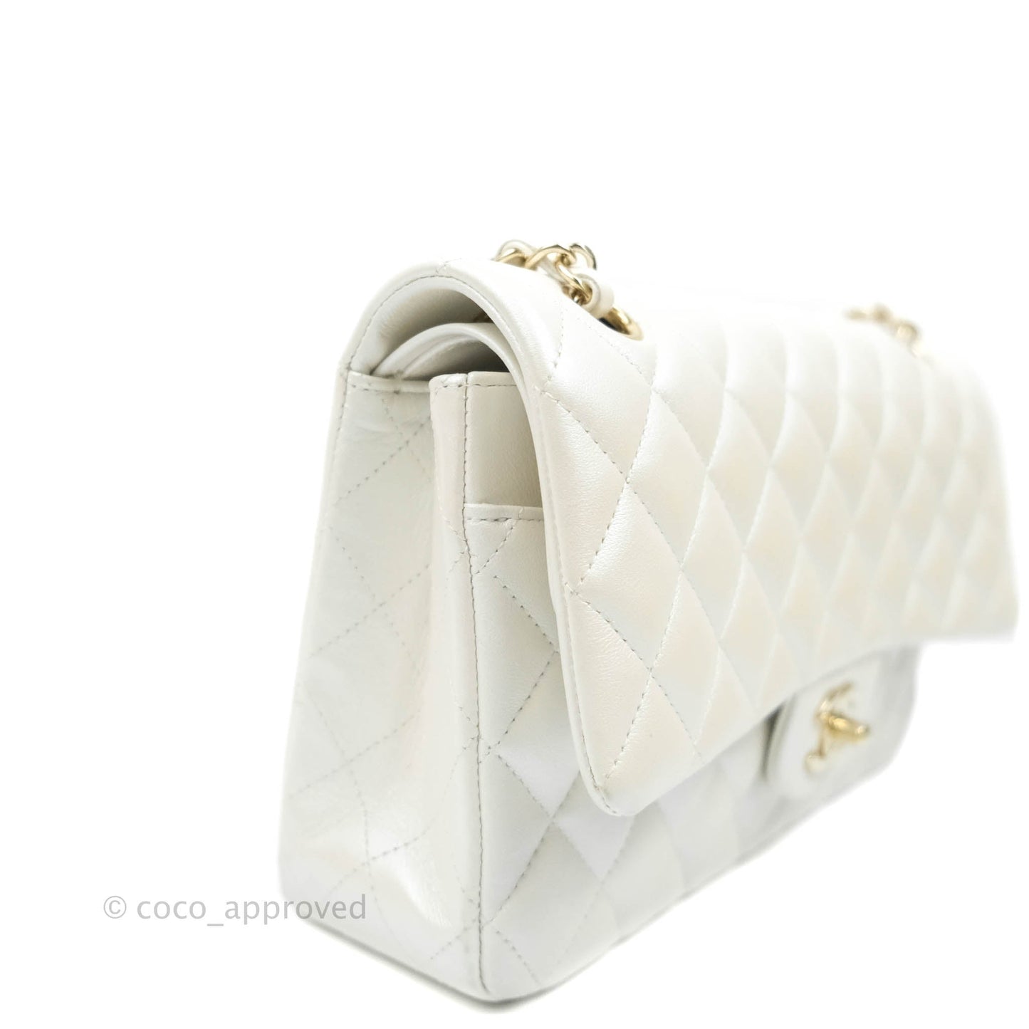 Chanel Classic M/L Medium Double Flap Iridescent White Lambskin Gold Hardware