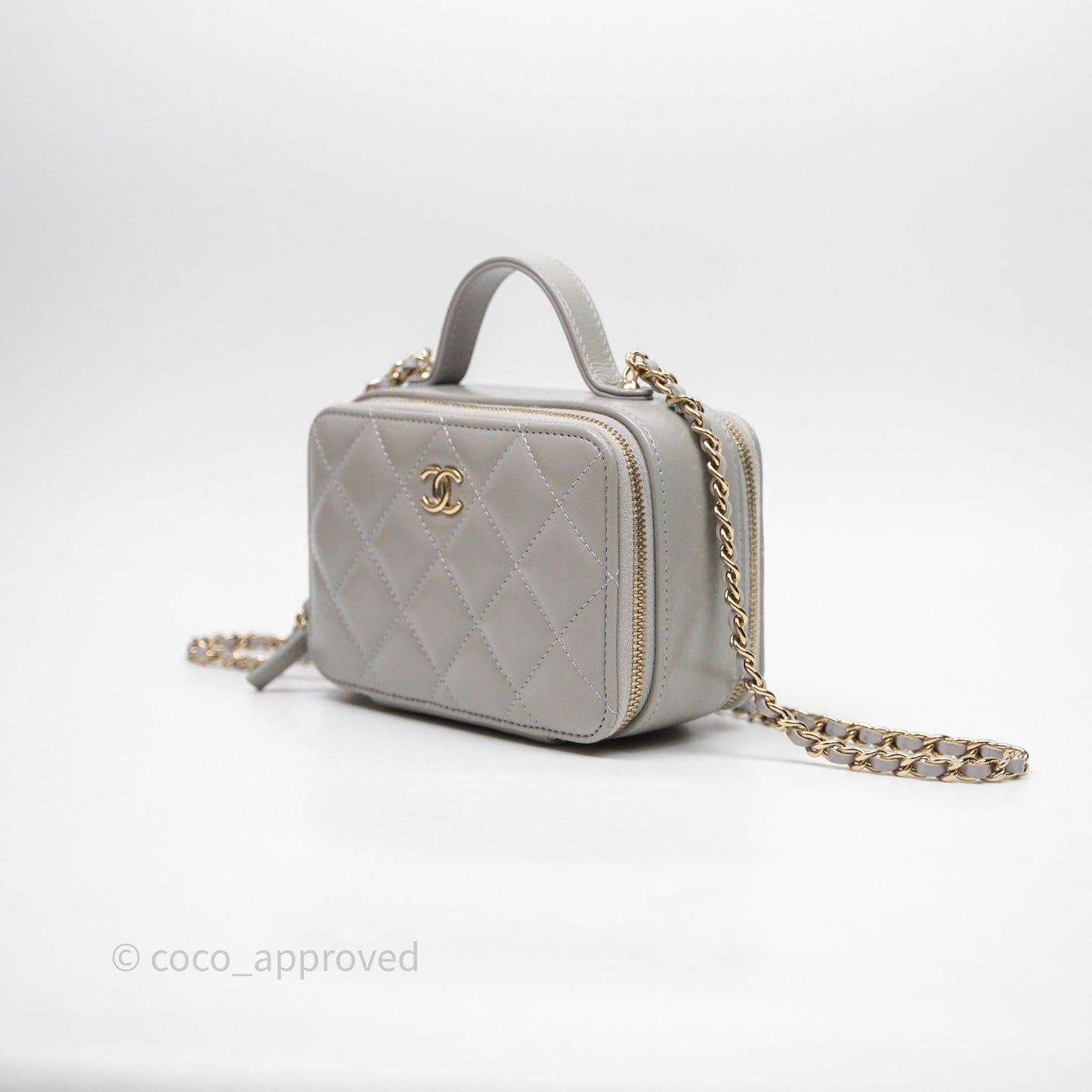 Chanel Mini Top Handle Camera Case Grey Shiny Calfskin Gold Hardware 22B