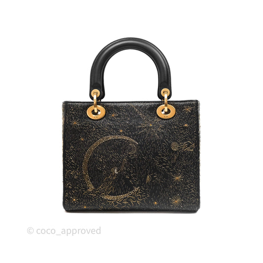 Christian Dior Medium Lady Dior Limited Edition The Moon In My EyesBag Black Calfskin Gold Hardware