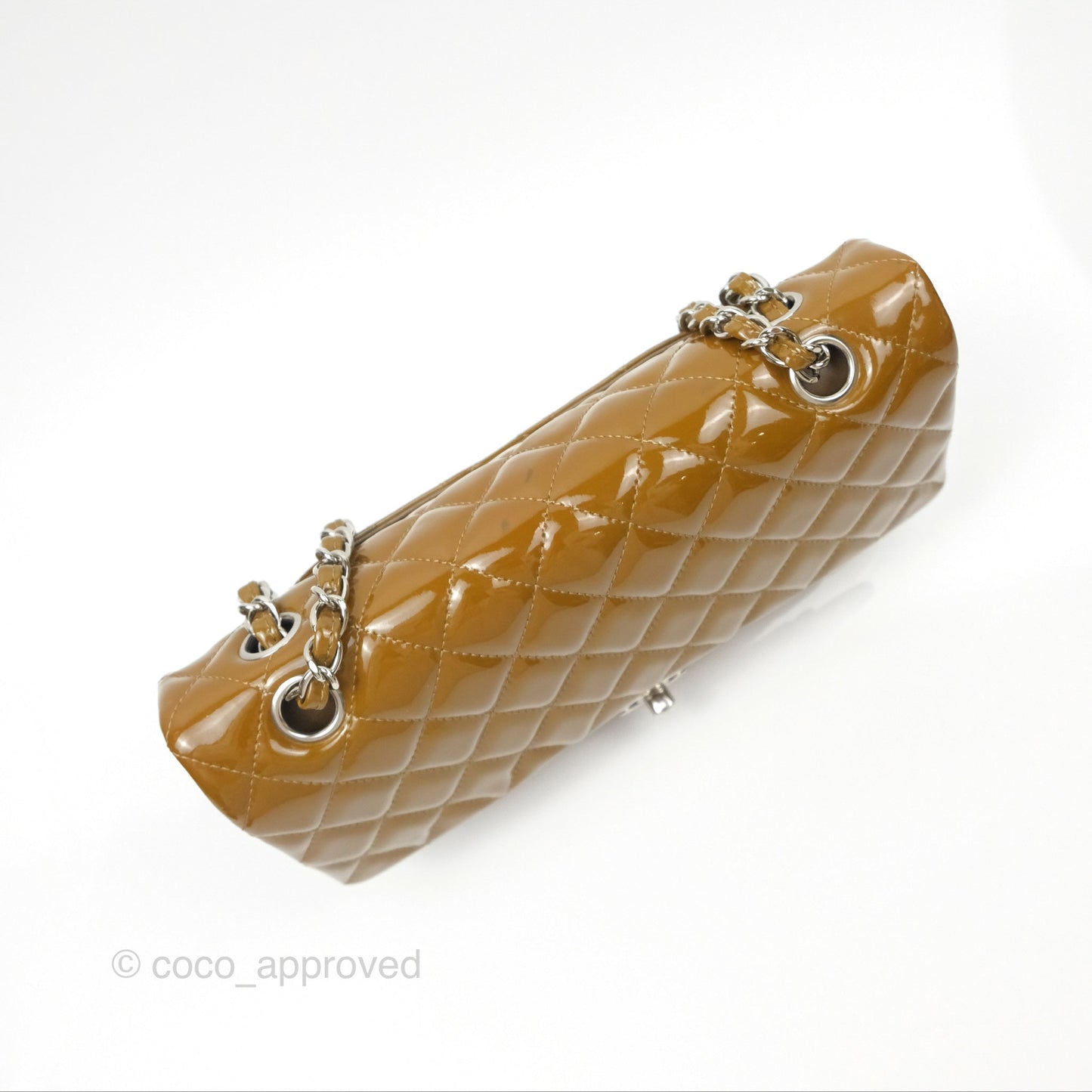 Chanel Classic M/L Medium Flap Quilted Brown Patent Silver Hardware