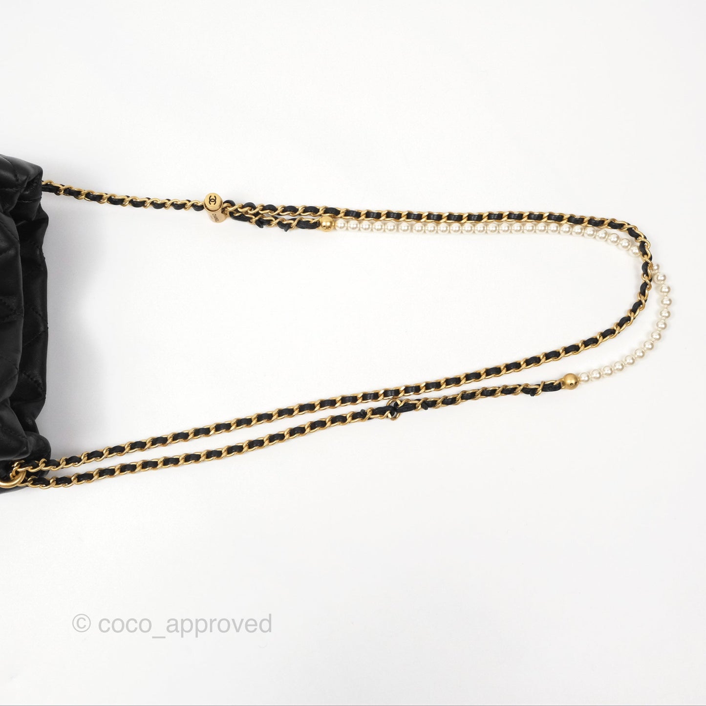 Chanel Quilted My Perfect with Pearl Drawstring Bucket Bag Black Lambskin Aged Gold Hardware