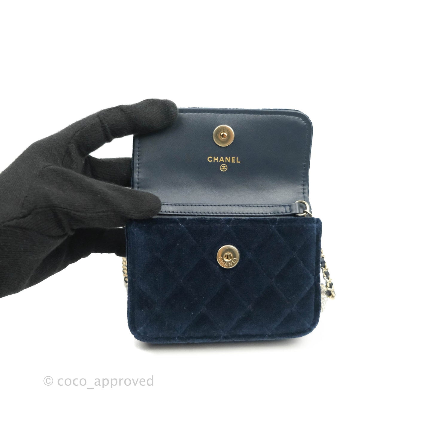 Chanel Crystal Pearl Crush Card Holder Navy Velvet Aged Gold Hardware