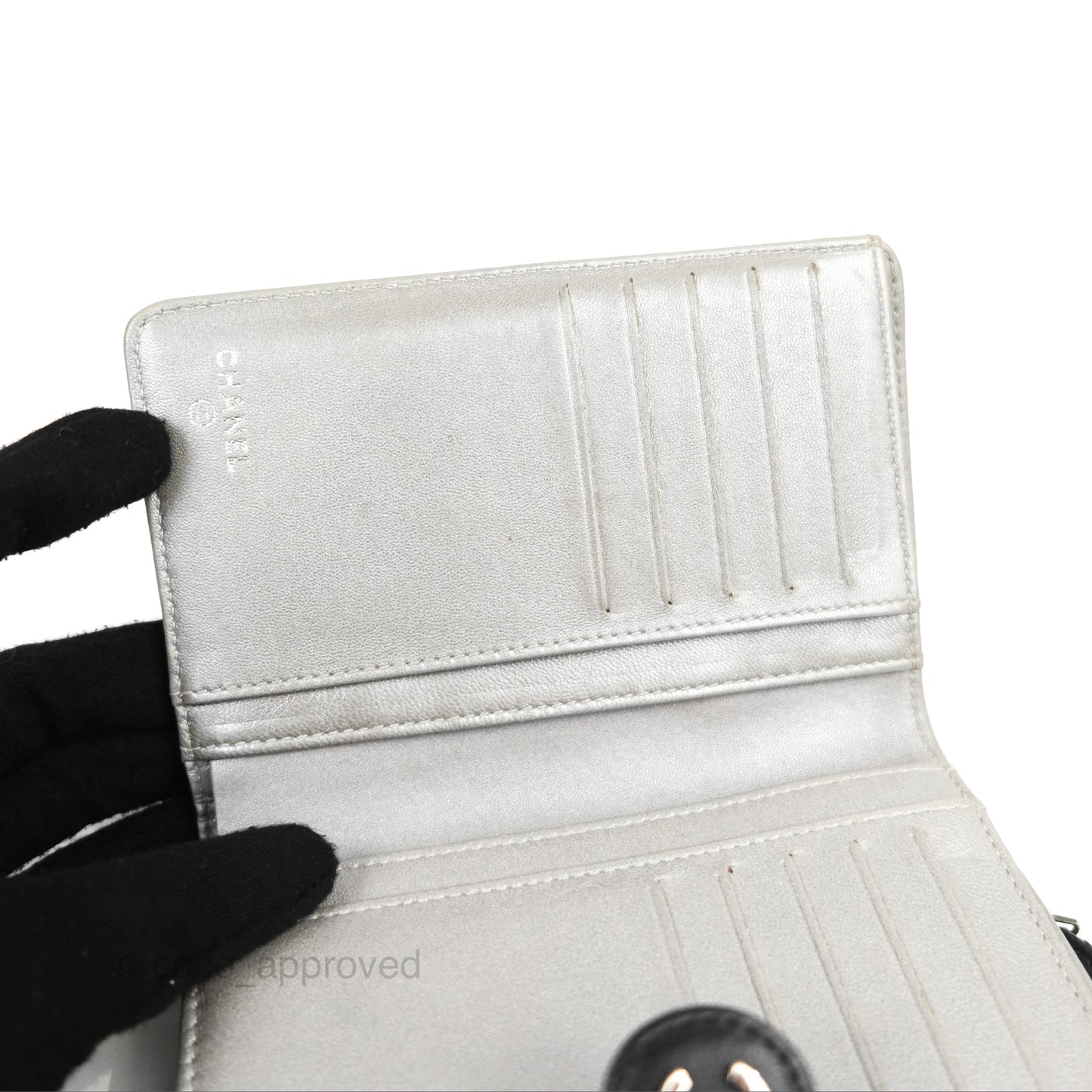 Chanel Wallet Black Camellia Embossed Lambskin Silver Hardware