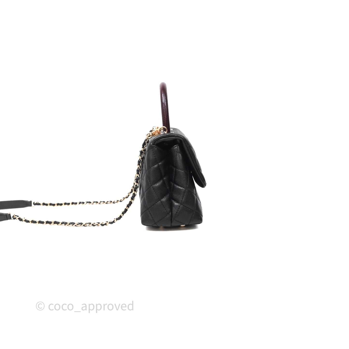 Chanel Small Coco Handle Quilted Black Caviar Aged Gold Hardware Lizard Handle