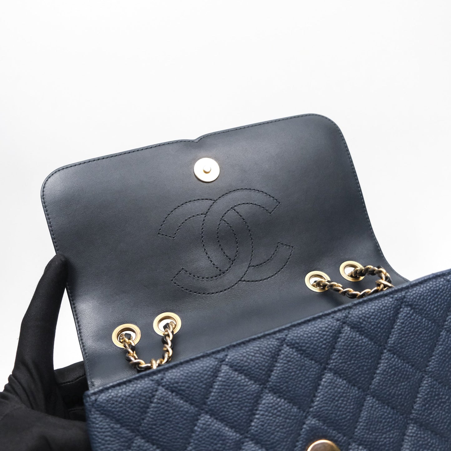 Chanel Small CC Filigree Flap Quilted Navy Black Caviar Aged Gold Hardware