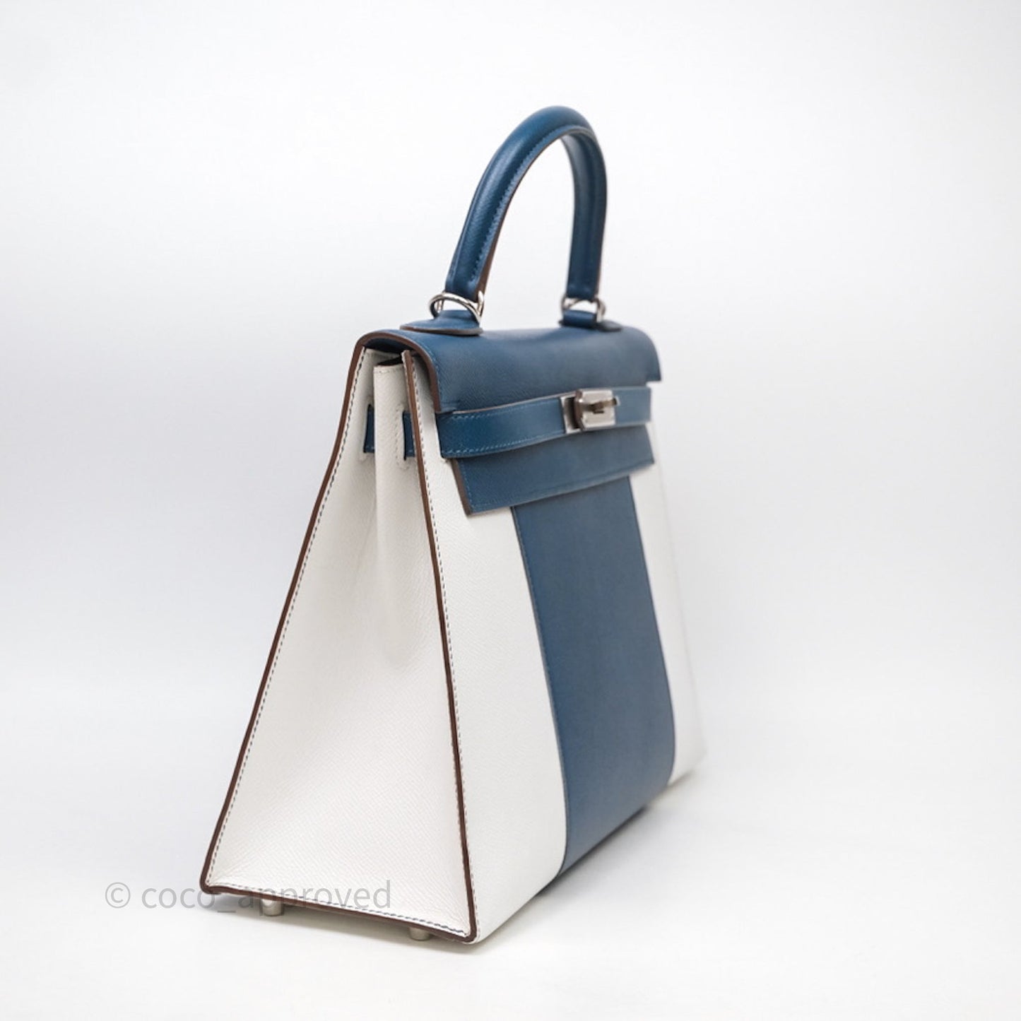 Hermès Kelly 32 Sellier Bleu Thalassa 7A/ White Epsom Palladium Hardware