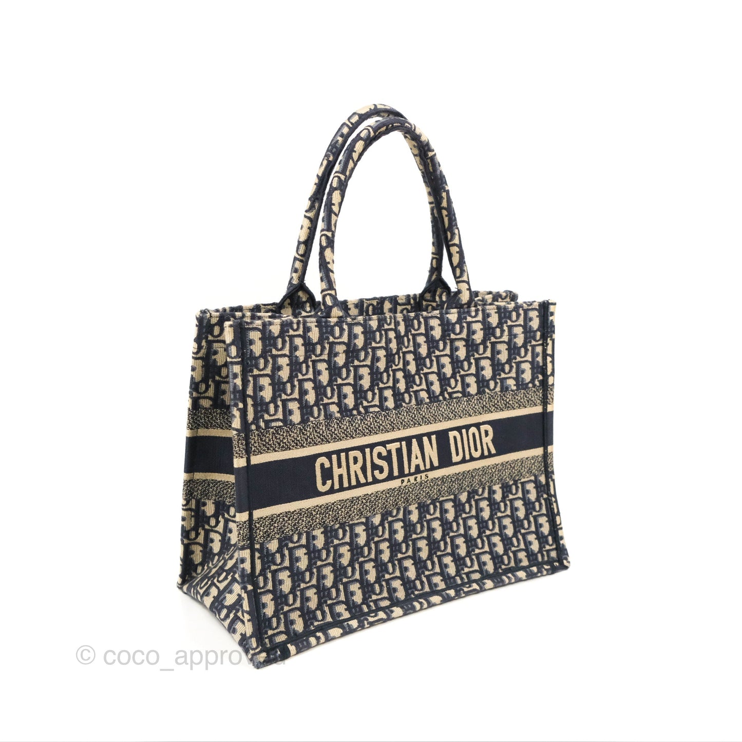 Christian Dior Medium (Old Small) Dior Navy Oblique Embroidery Canvas Book Tote