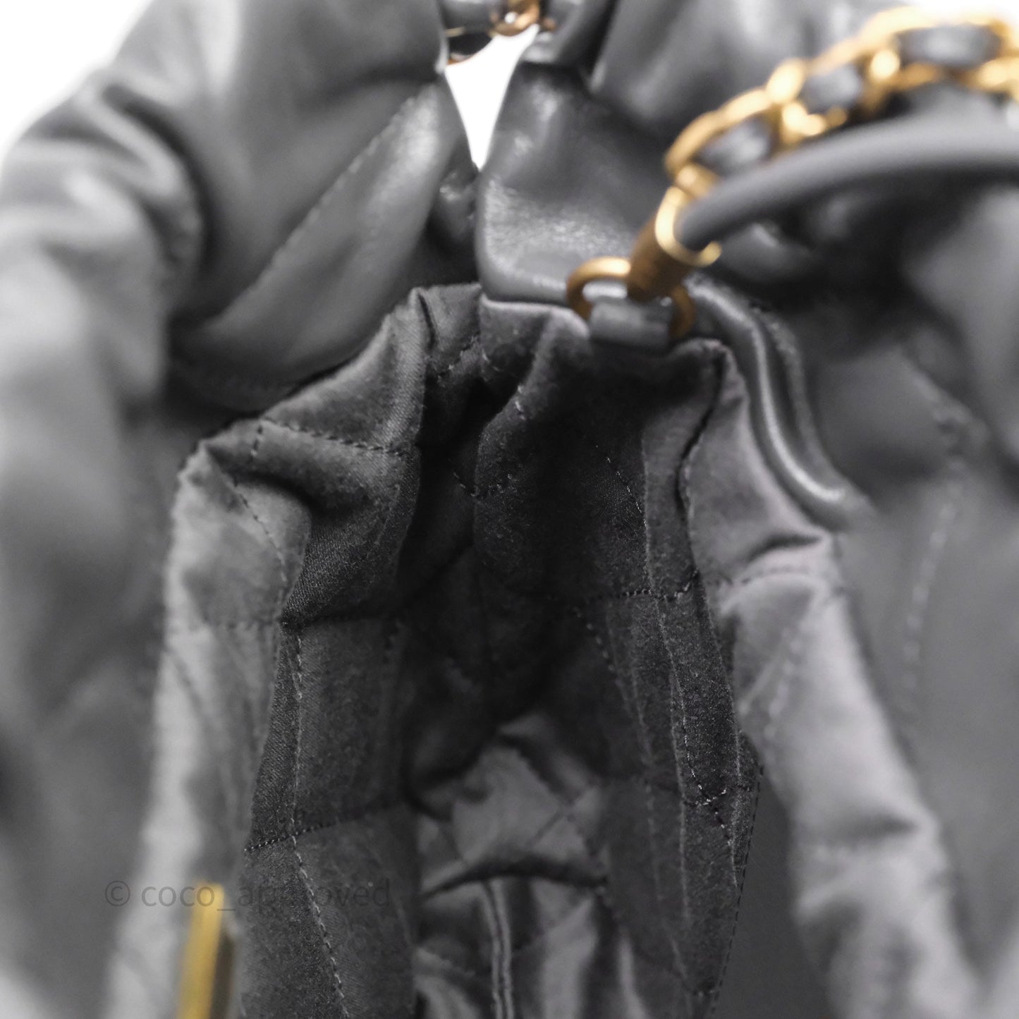 Chanel 22 Mini Bag Dark Grey Shiny Crumpled Calfskin Aged Gold Hardware