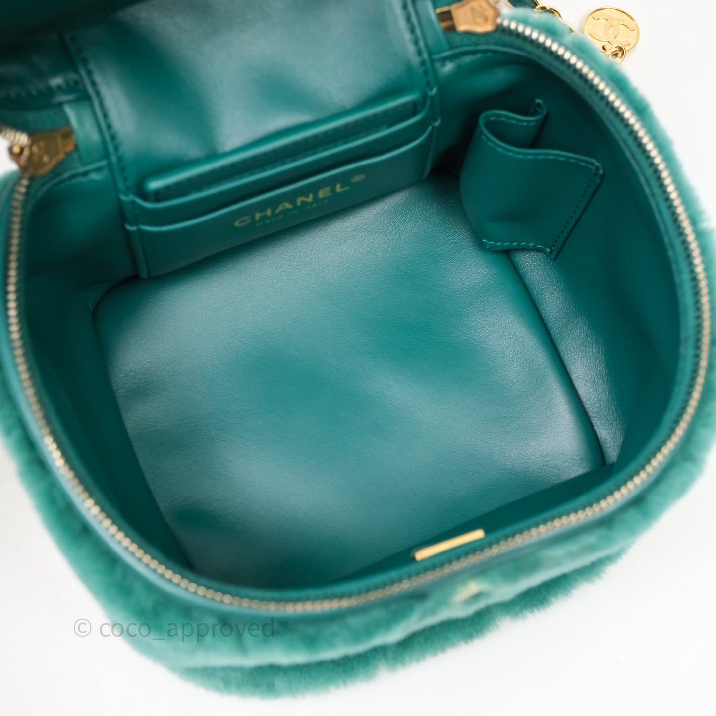 Chanel Small Vanity Case Green Shearling Aged Gold Hardware 22A