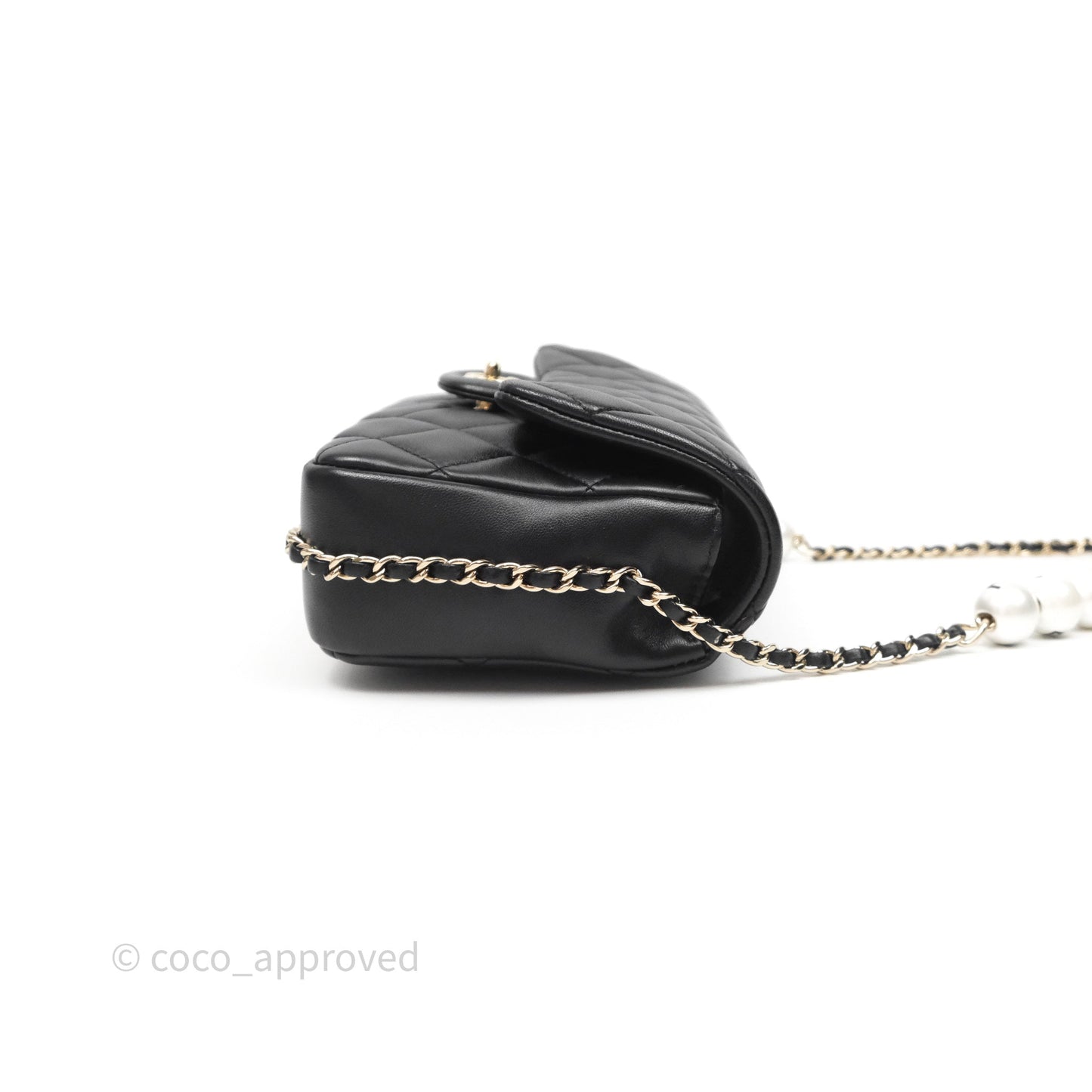 Chanel Logo Pearl Chain Flap Bag Black Lambskin Gold Hardware