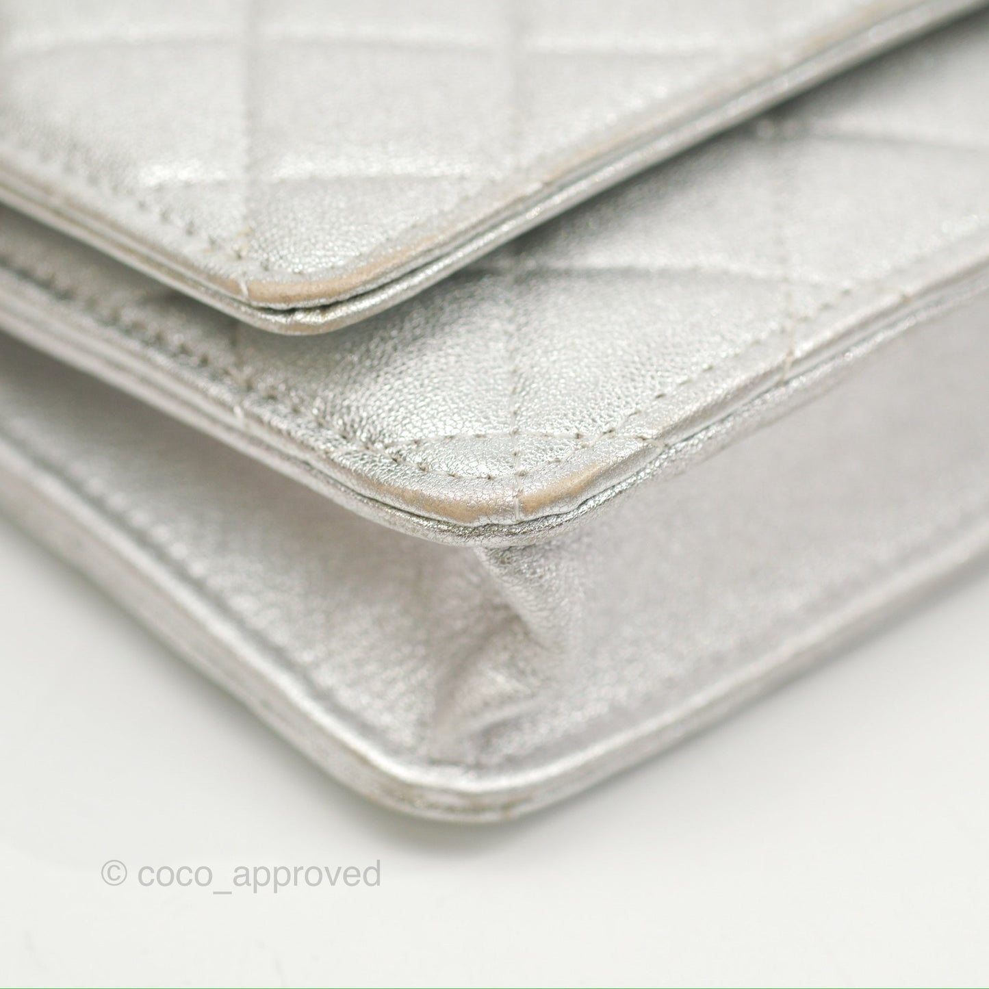 Chanel Quilted Wallet on Chain WOC Iridescent Silver Grained Lambskin Silver Hardware