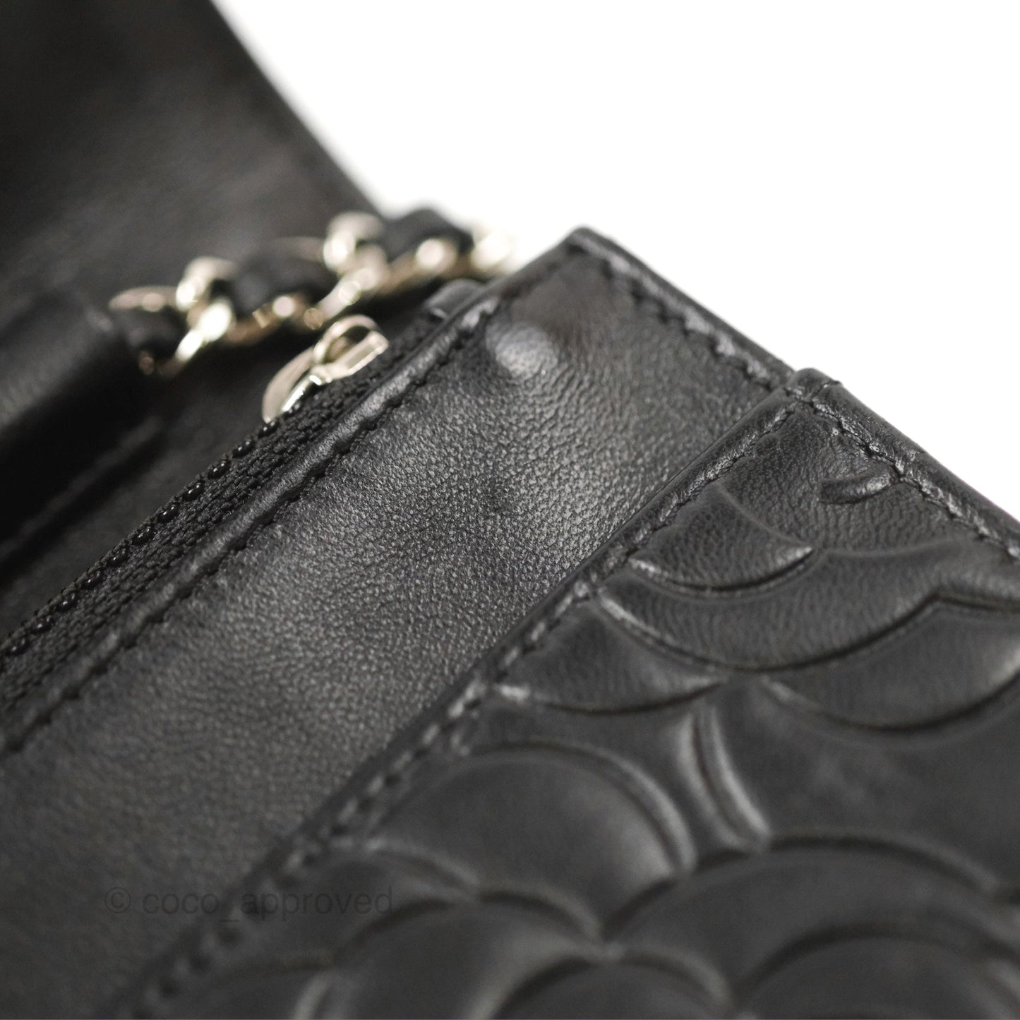 Chanel Camellia Embossed Wallet on Chain WOC Black Lambskin Silver Hardware