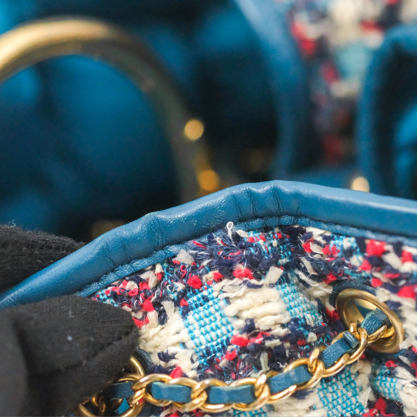 Chanel Cuba Chesterfield Tweed Drawstring Bucket Bag Blue Aged Gold Hardware 17C