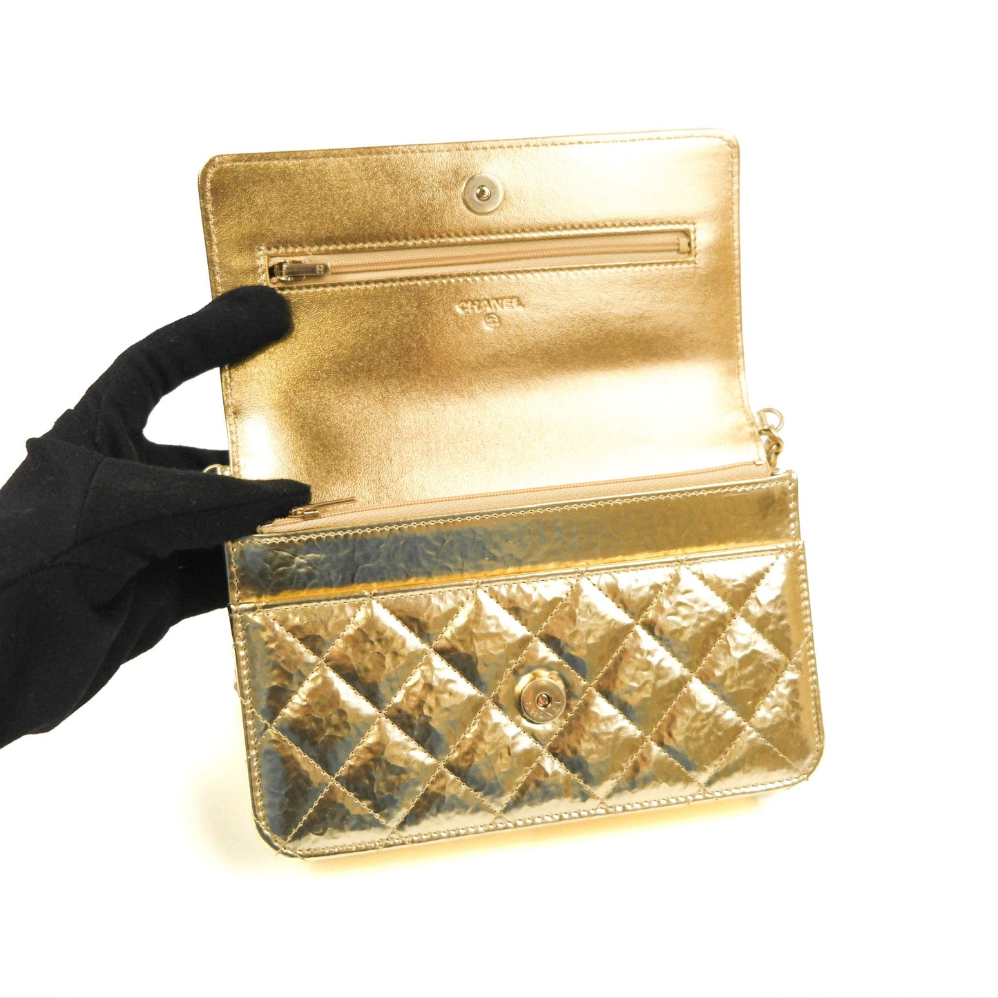 Chanel Quilted Classic Wallet on Chain WOC Metallic Gold Calfskin Gold Hardware
